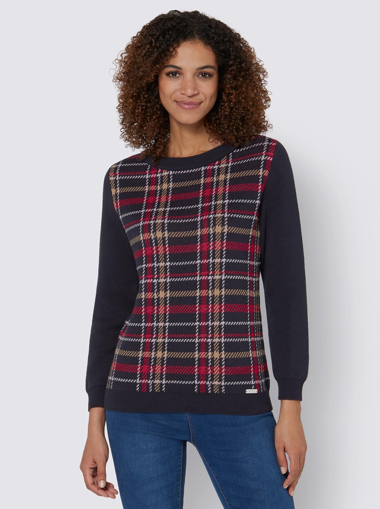 Langarm-Pullover - marine-rot-gemustert