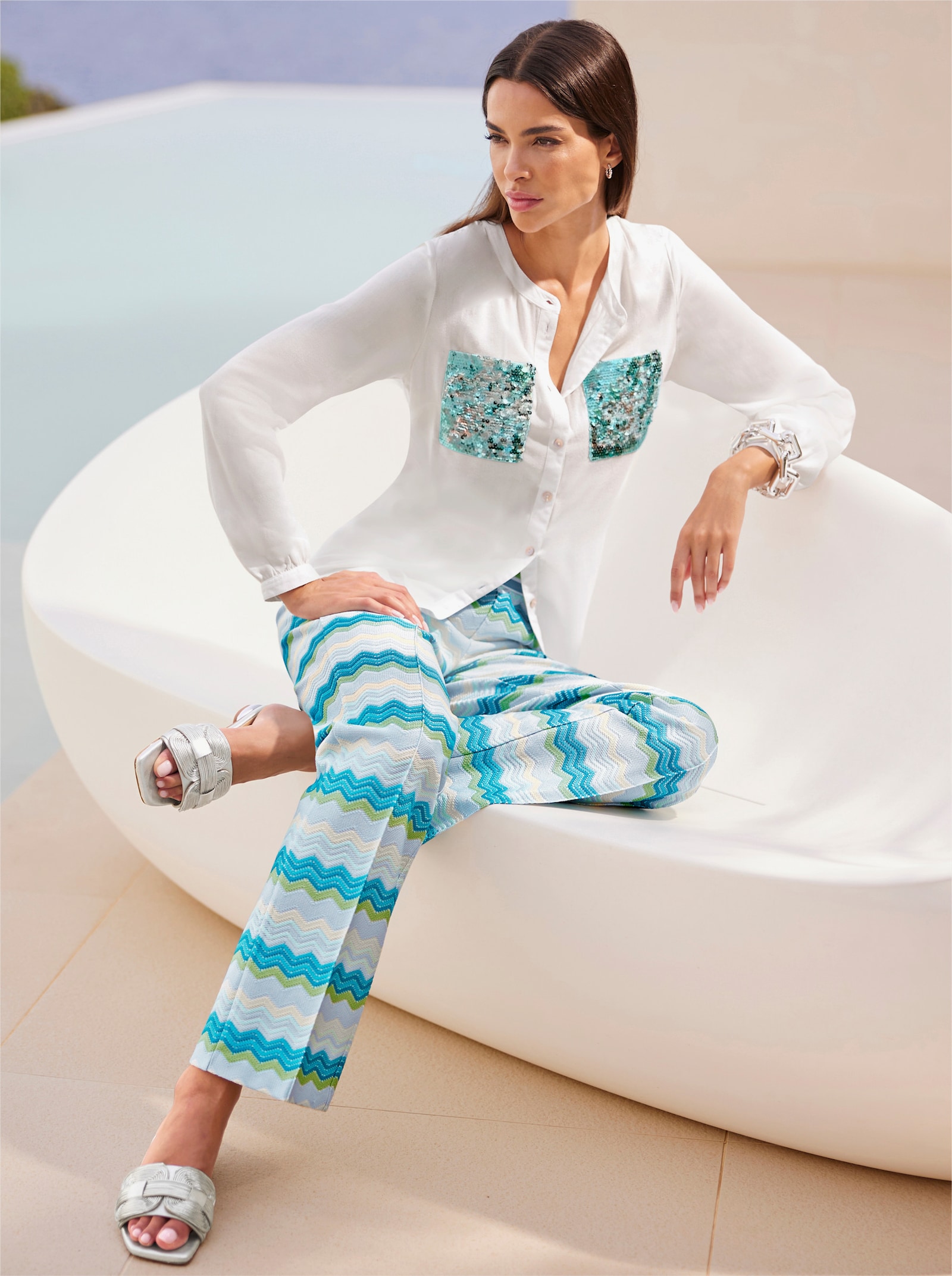 heine Jerseybroek met golfstructuur, gevoerd - turquoise/ecru gedessineerd