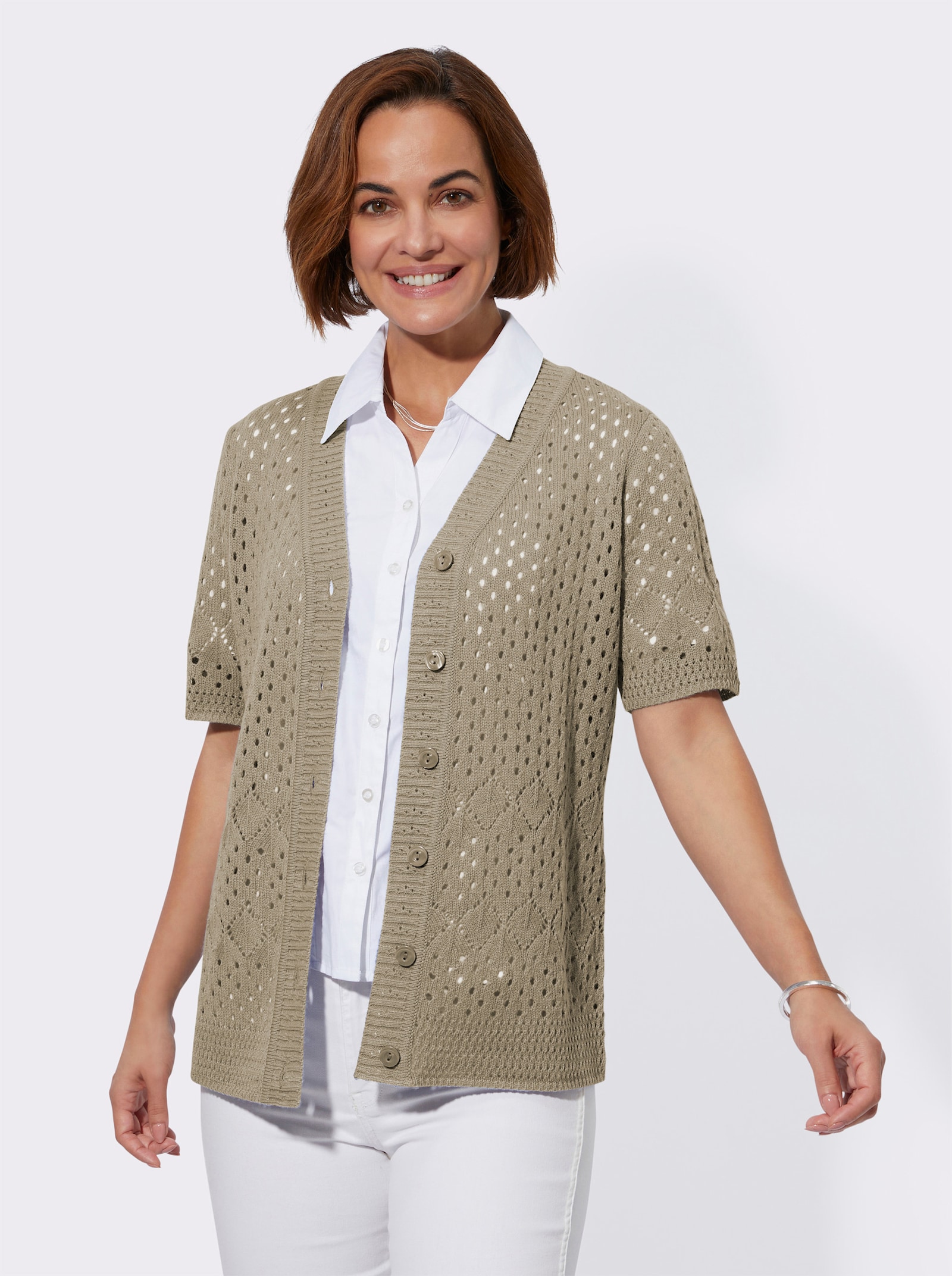 Ajourstrickjacke in pflegeleichter Qualität - schlamm