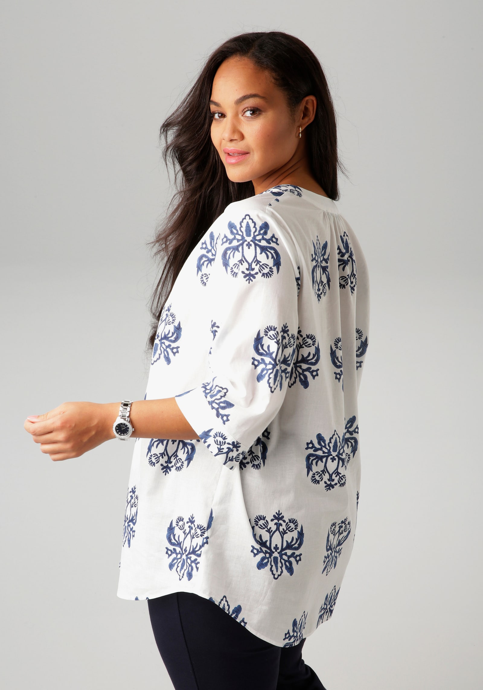 Aniston PLUS Longbluse - weiß-marine-blau