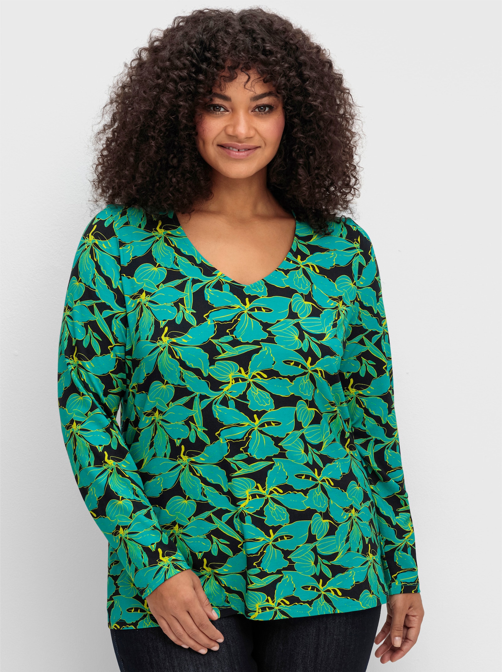 sheego by Joe Browns T-shirt à manches longues avec imprimé floral abstrait - noir à motifs