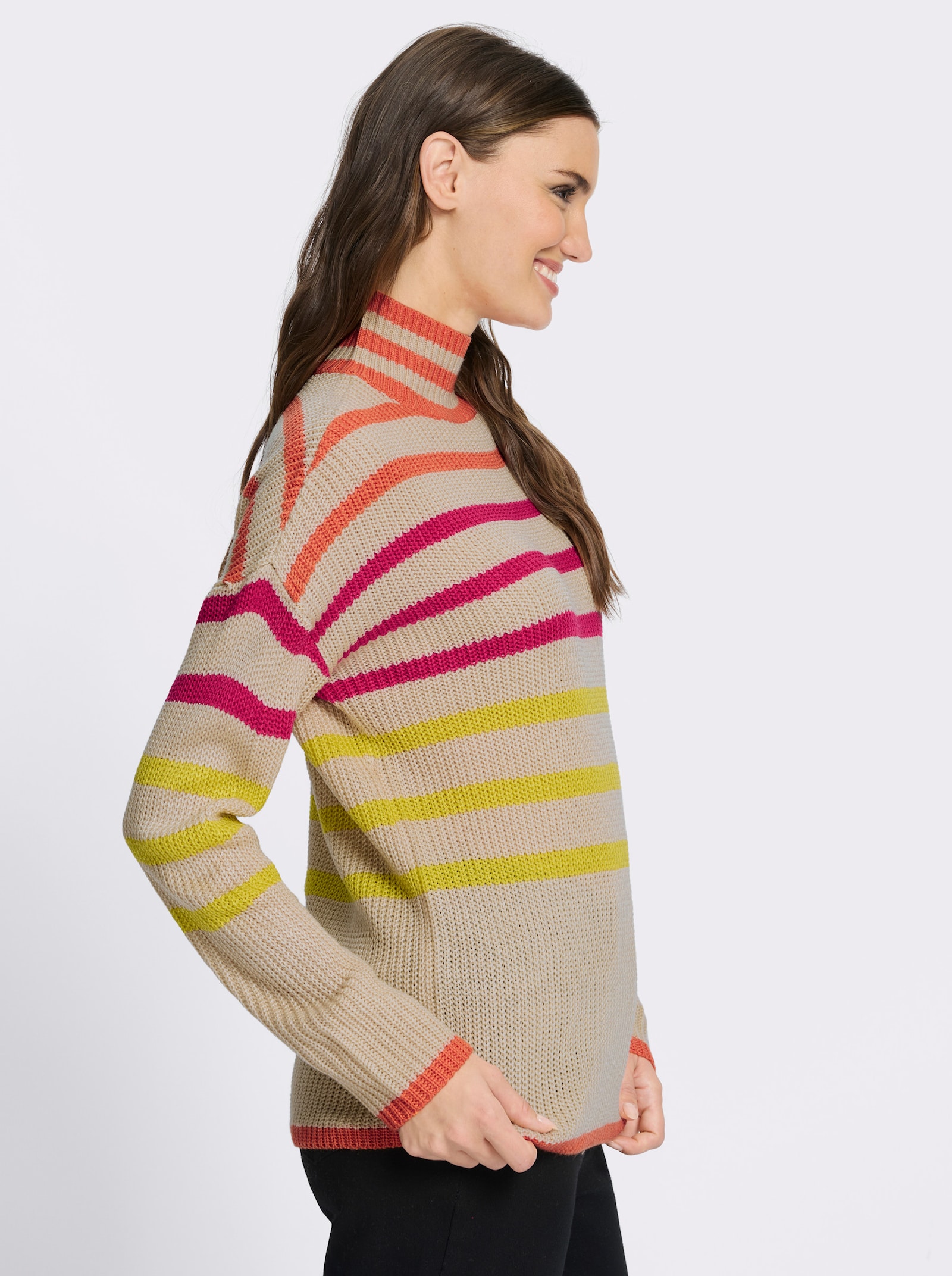 Stehkragenpullover mit Streifen in Leuchtfarben - sand-orange-gestreift