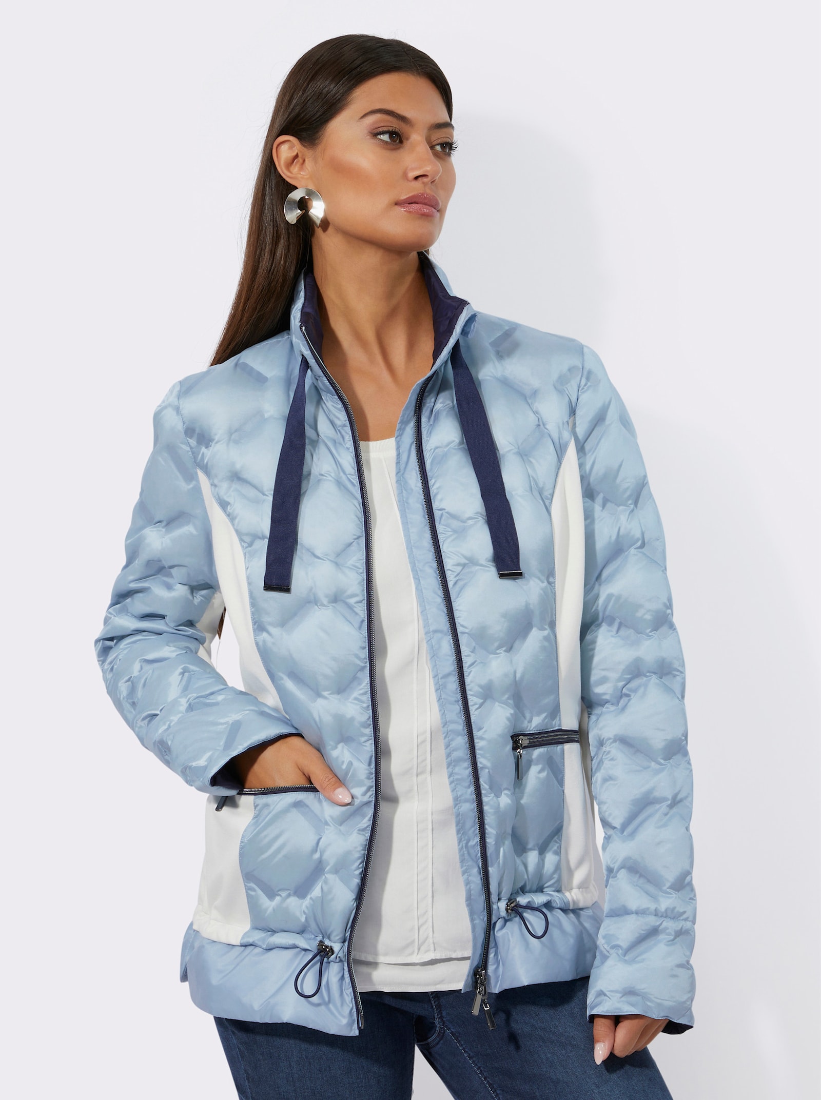 Licht donsjack met jersey-inzetten opzij - lichtblauw/ecru