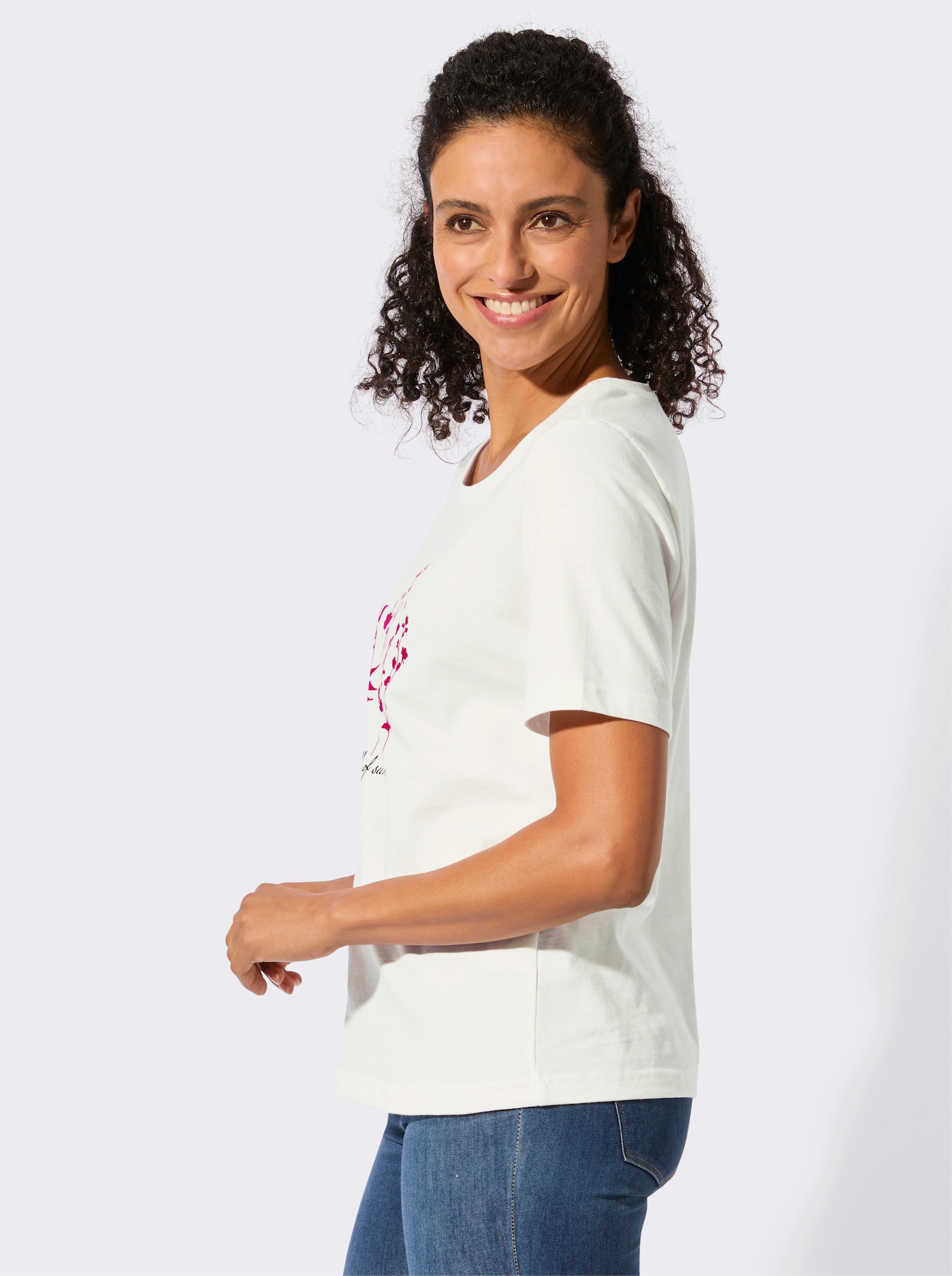 Kurzarmshirt mit floralem Motiv - ecru-erdbeere-bedruckt
