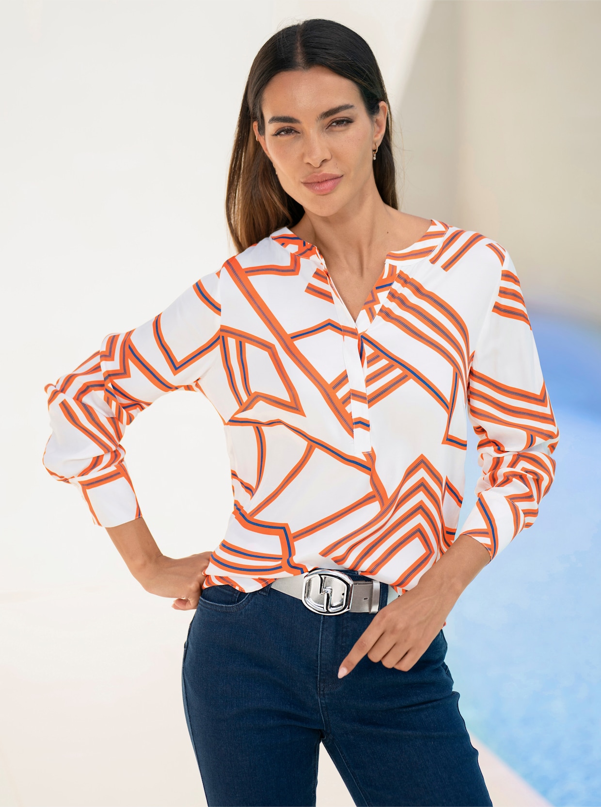 heine Druckbluse - weiß-orange-bedruckt