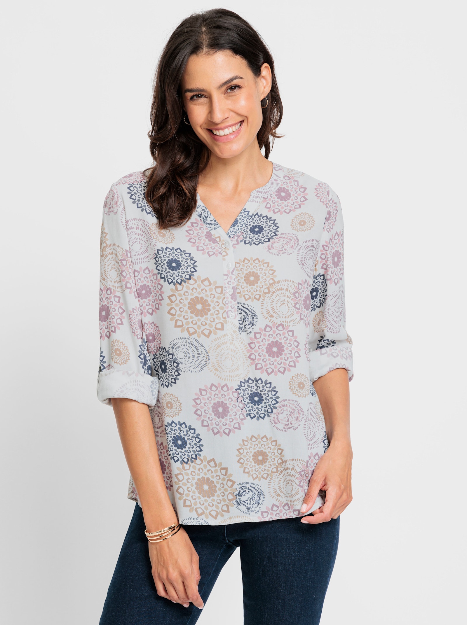 Langarmbluse mit Krempelfunktion - ecru-mauve-bedruckt