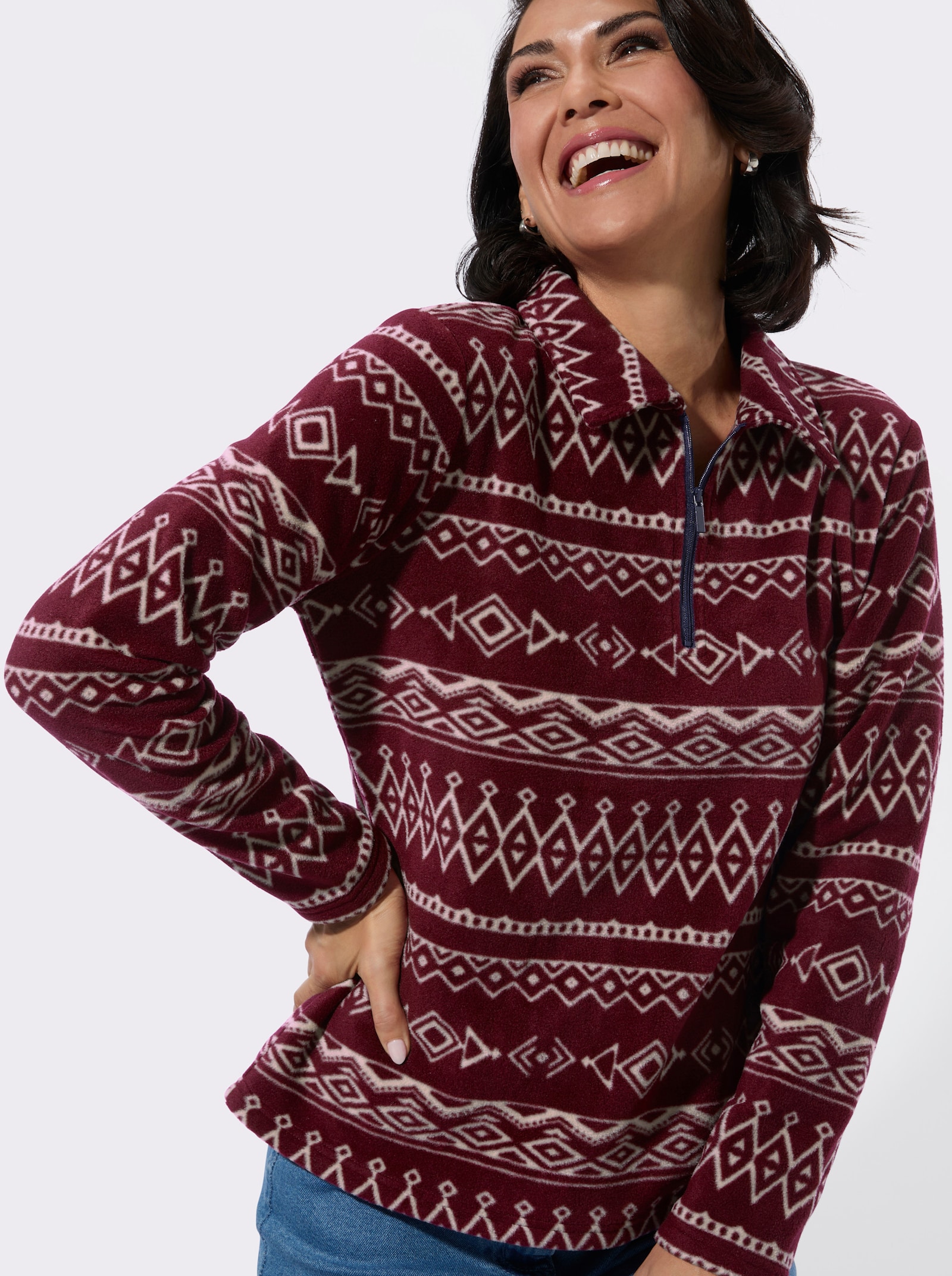 Fleeceshirt mit Reißverschluss - bordeaux-beige-bedruckt