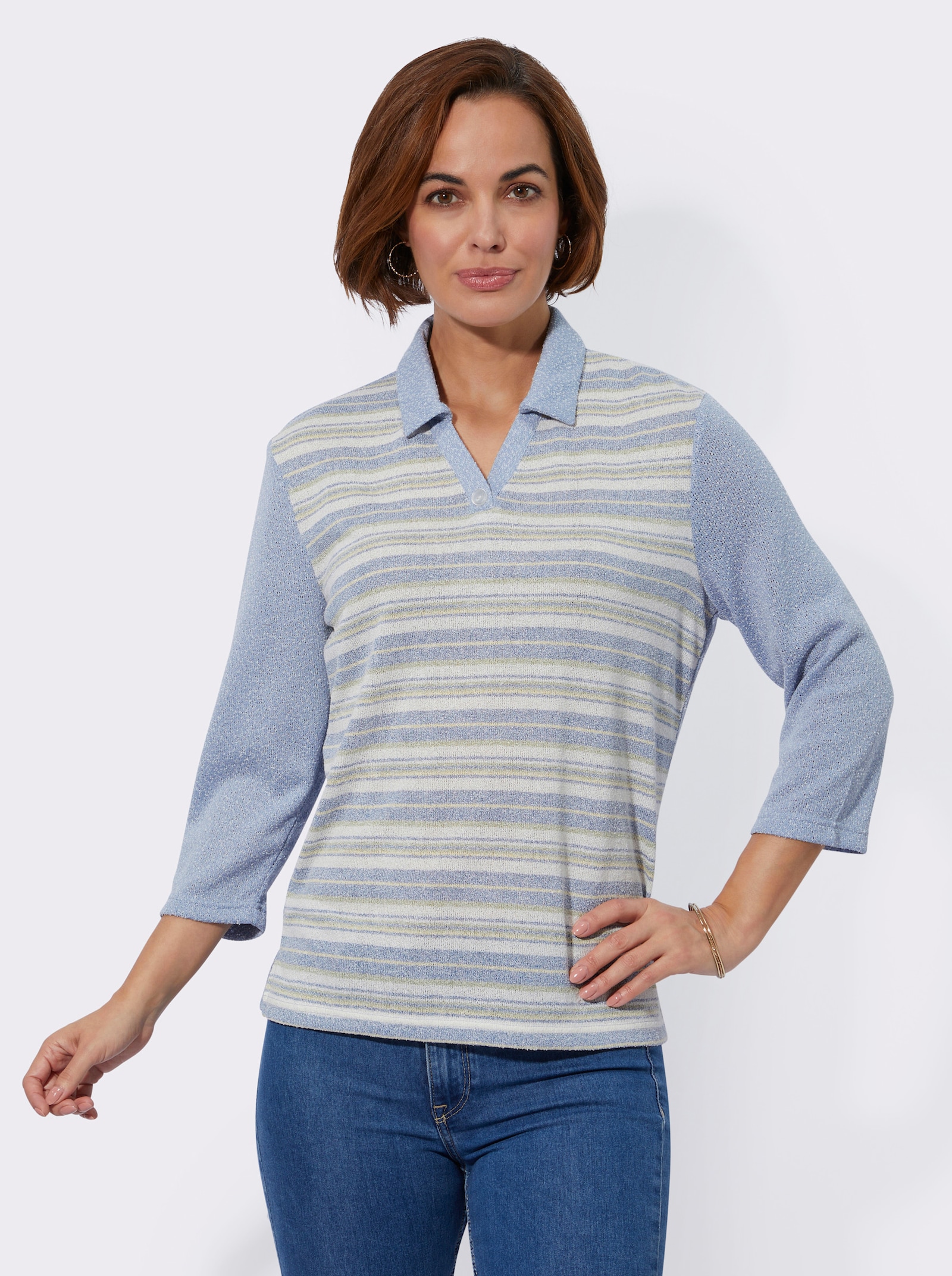 Poloshirt in Bouclé-Qualität - bleu-lindgrün-geringelt
