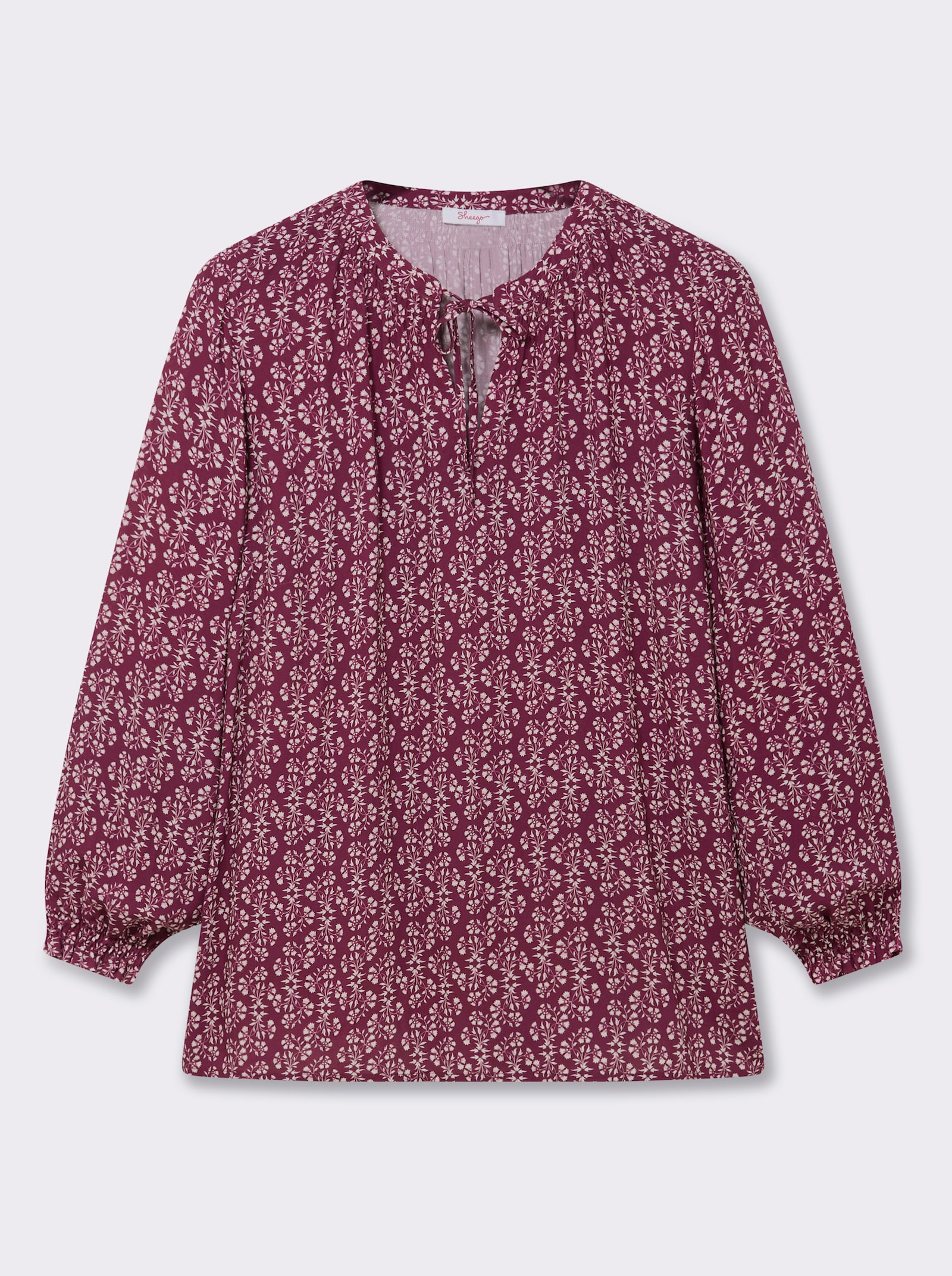 sheego Tunika mit Blütenprint und Smok-Details - bordeaux-gemustert