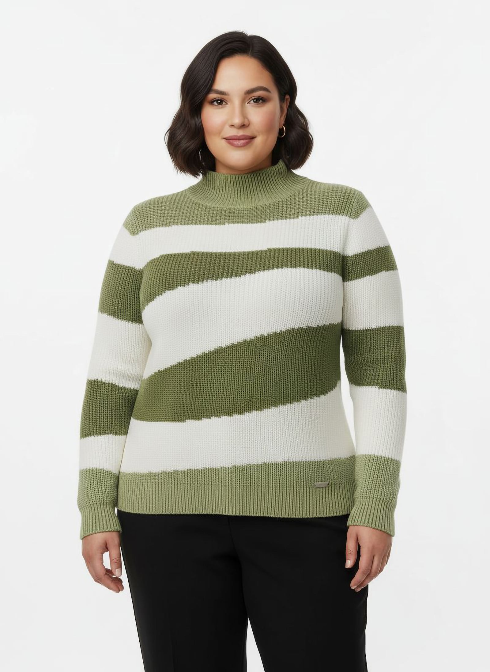 Stehkragenpullover mit Intarsienstrick-Muster - oliv-ecru-gemustert