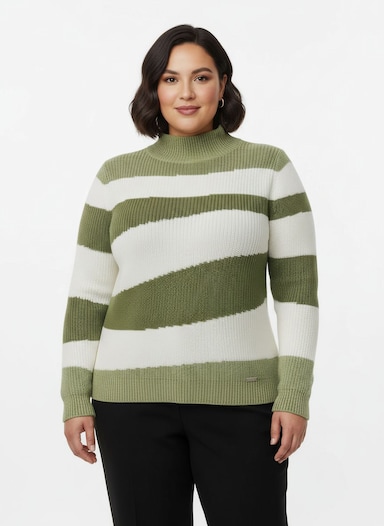 Stehkragenpullover mit Intarsienstrick-Muster - oliv-ecru-gemustert