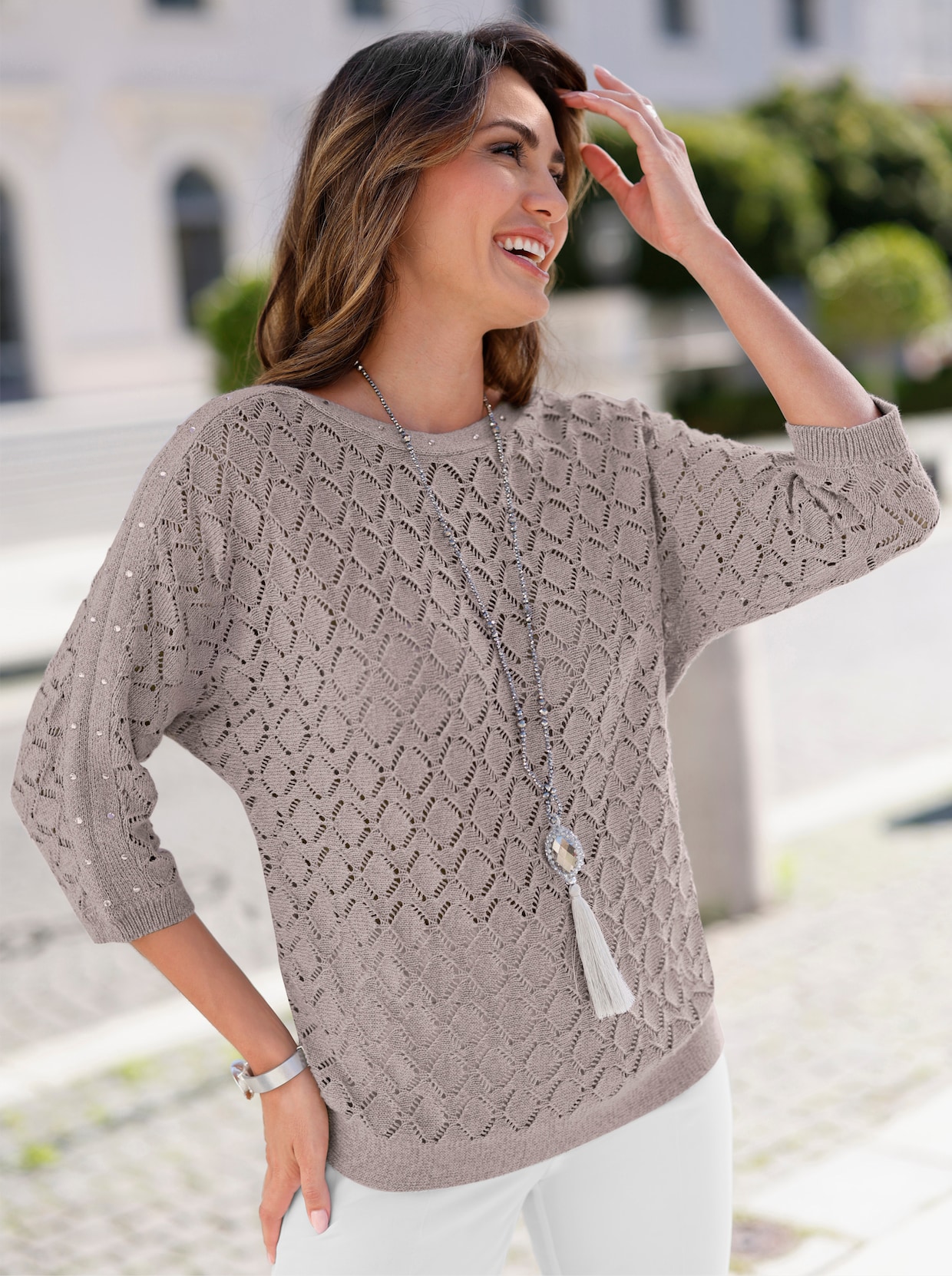 Ajourpullover - hellgrau-meliert