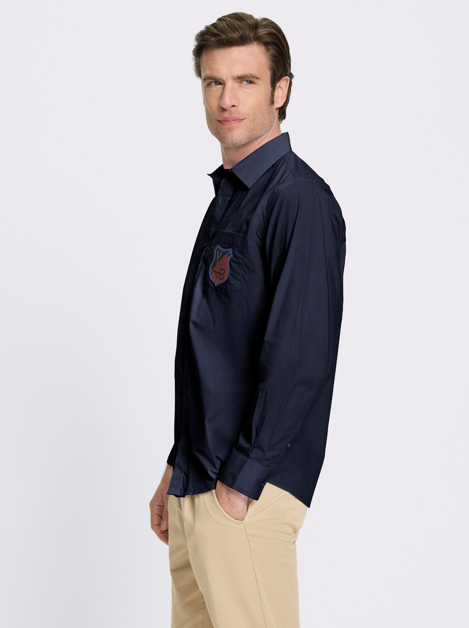 Catamaran Langarmhemd aus reiner Baumwolle, Popeline - marine