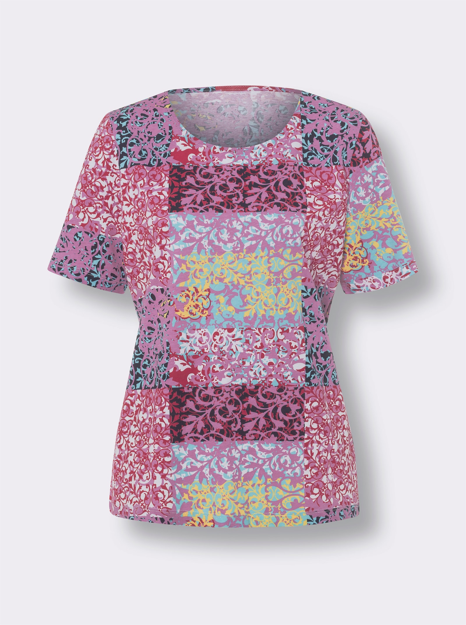 Kurzarmshirt mit Patchwork-Druck - pink-zitrone-bedruckt