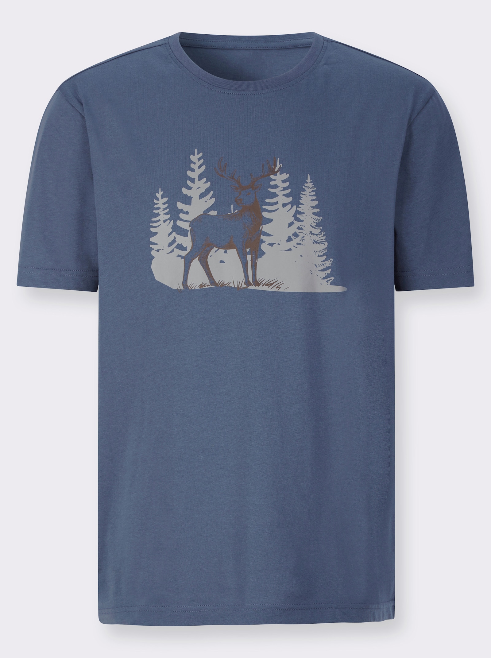 Kurzarmshirt mit platziertem Hirsch-Druck - rauchblau