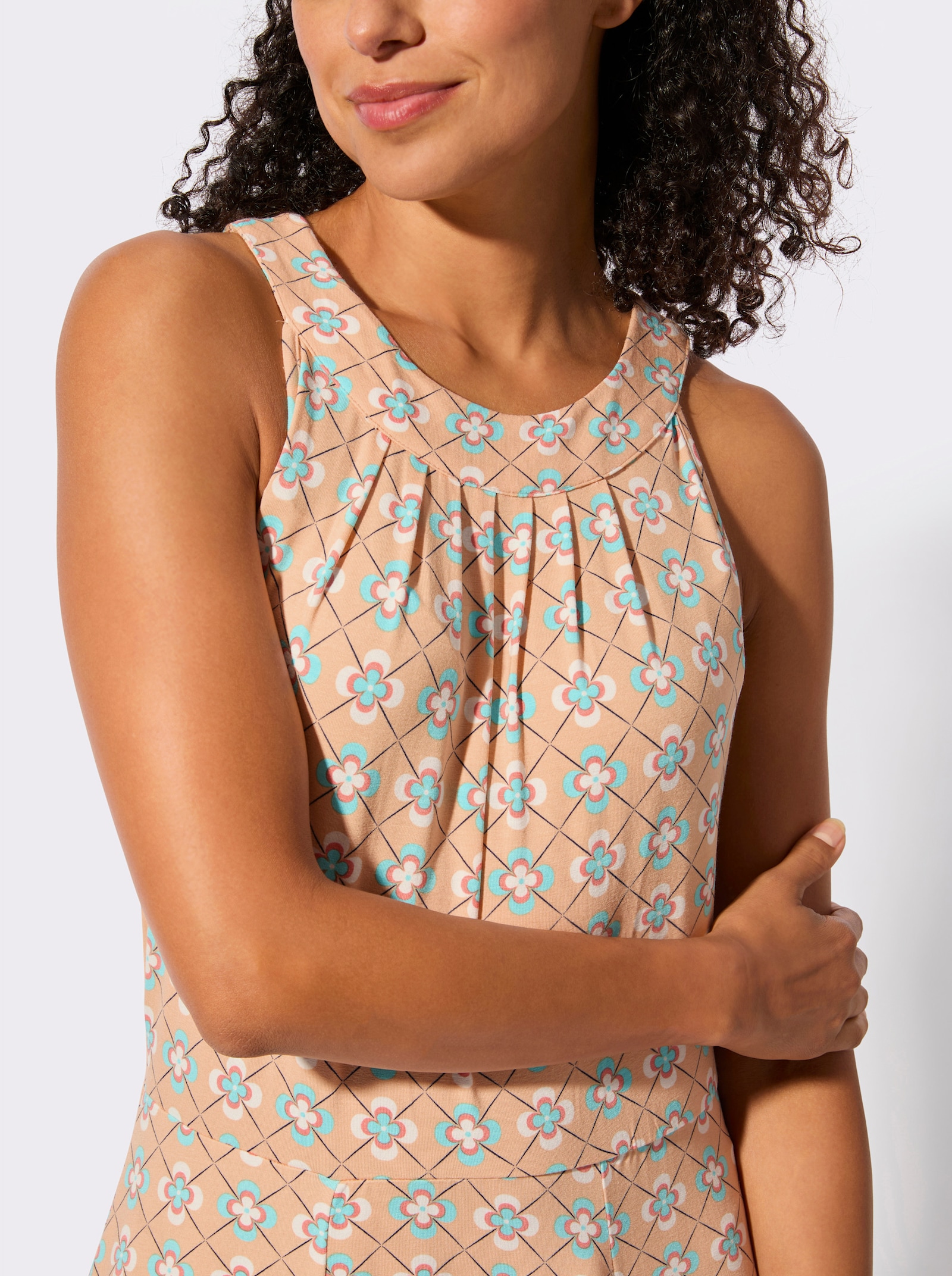 Jerseykleid in Bahnenform - apricot-aquamarin-bedruckt