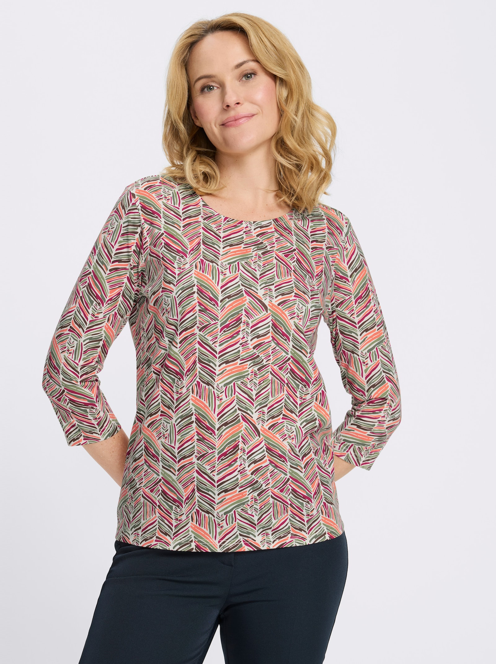 3/4-Arm-Shirt mit Zickzack-Muster - papaya-khaki-bedruckt