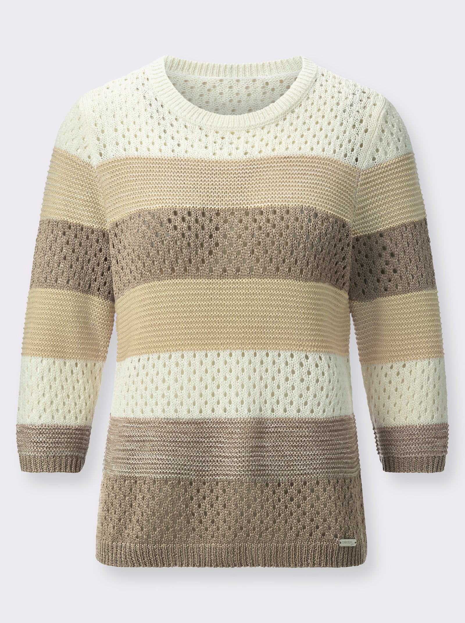 Ajourpullover aus Bändchengarn - sesam-ecru-geringelt