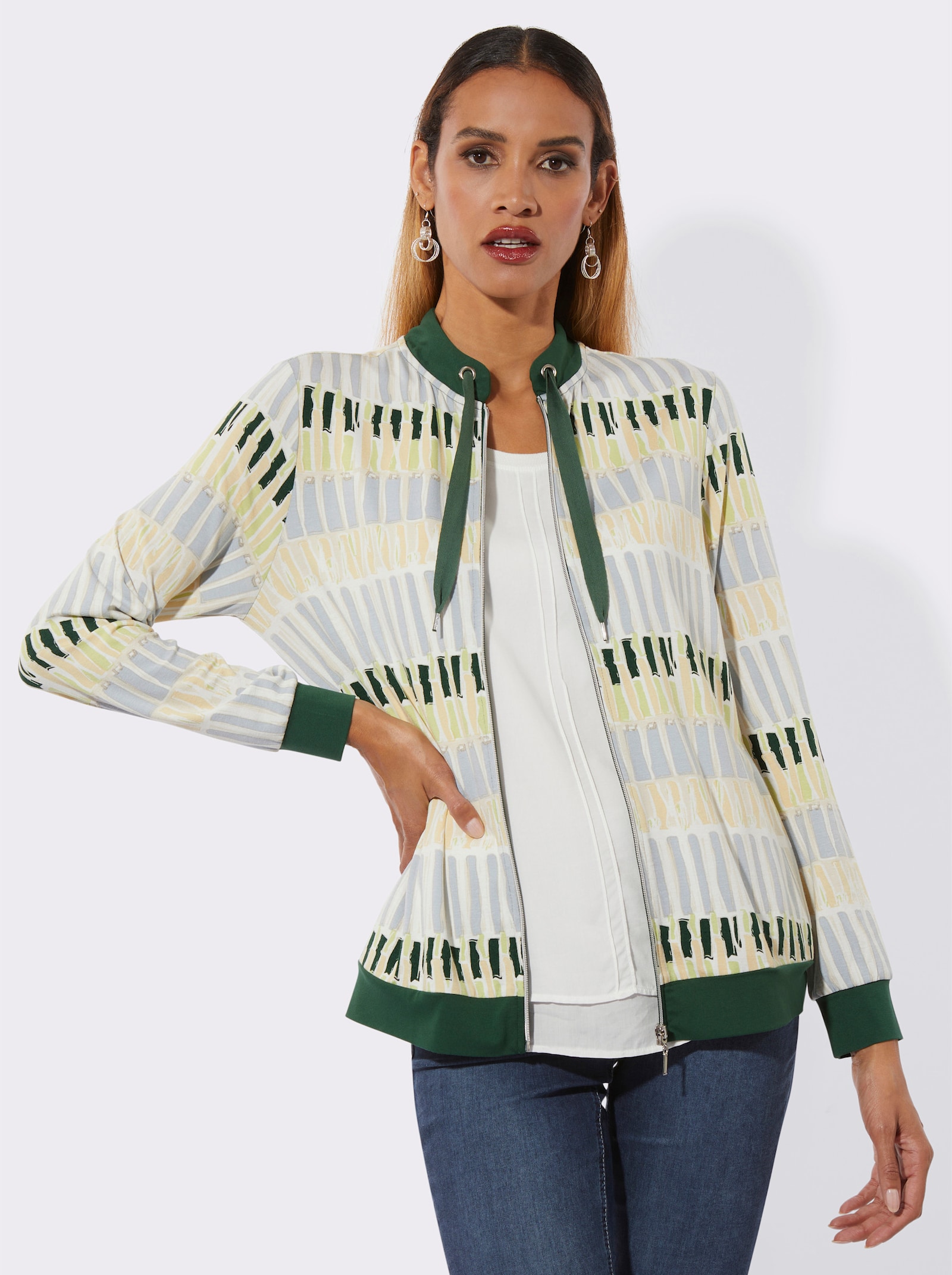 Shirtjacke mit Stehkragen - ecru-moos-bedruckt