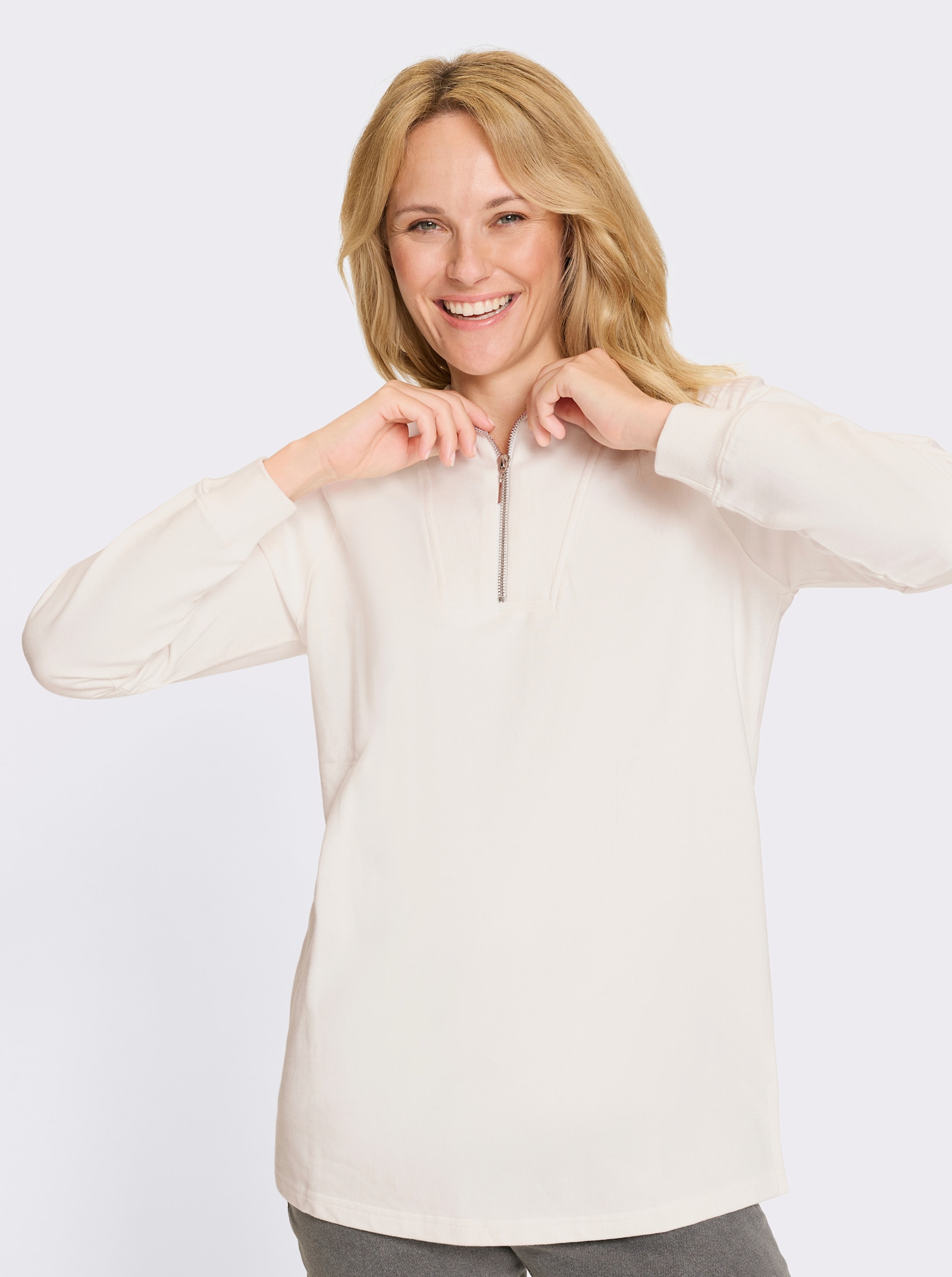 Lang sweatshirt met schipperskraag - ecru