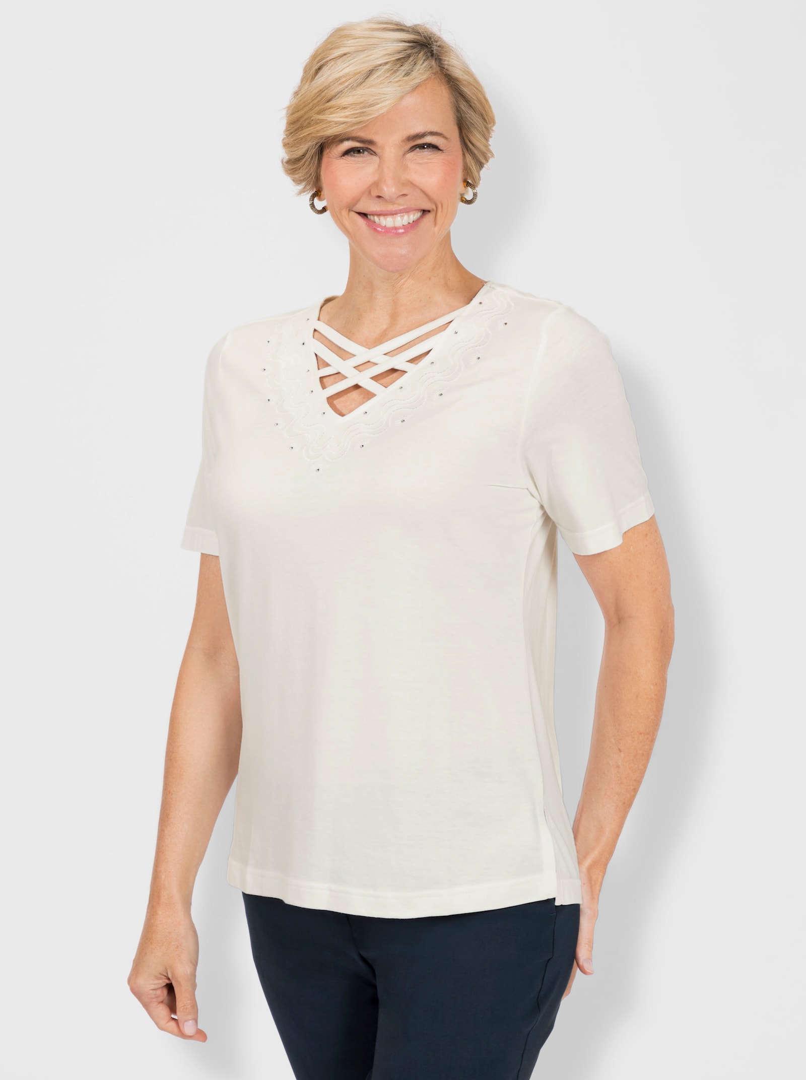 Kurzarmshirt mit Bänderverzierung - ecru