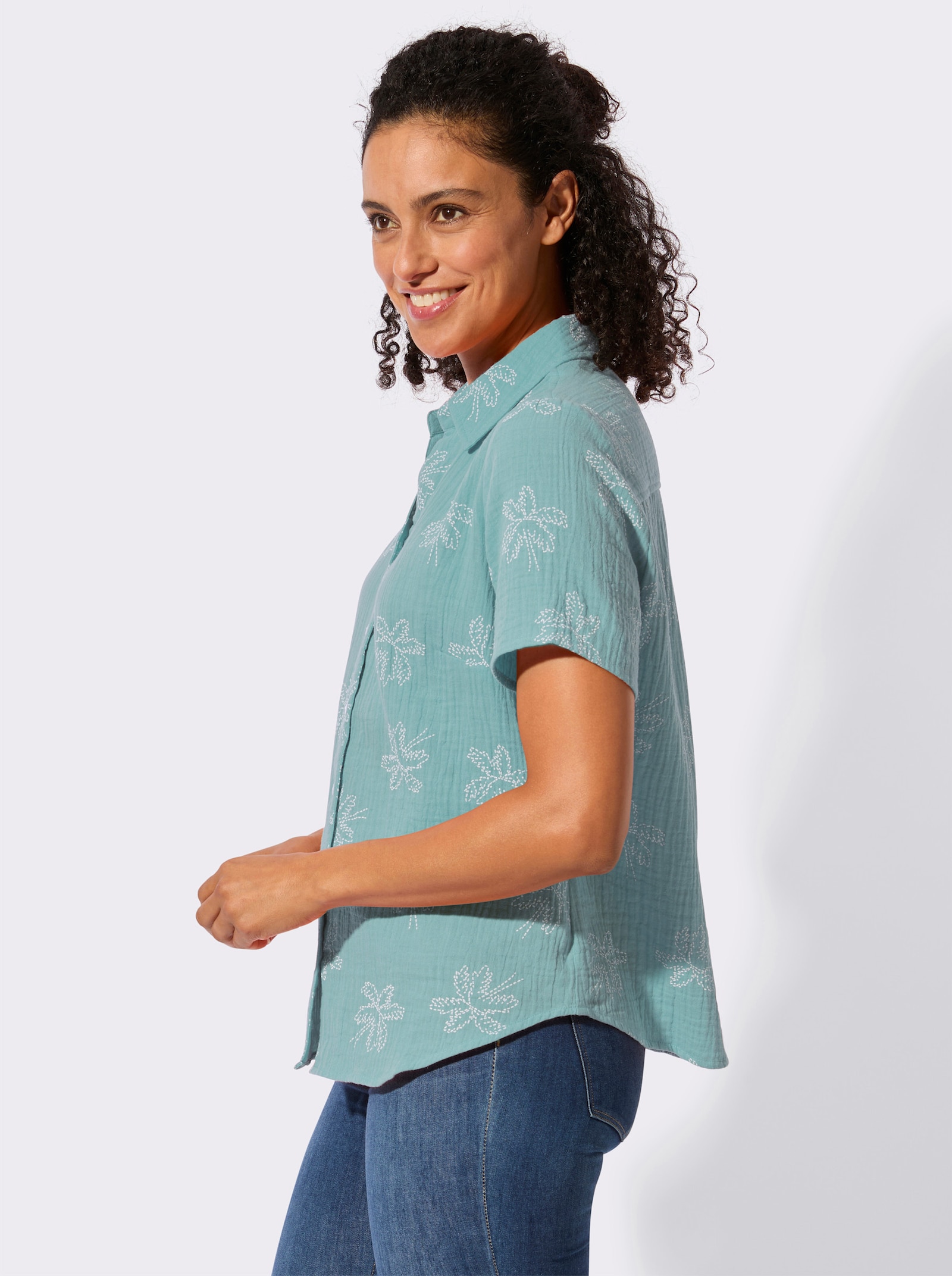 Baumwollbluse mit Palmen-Print - salbei-ecru