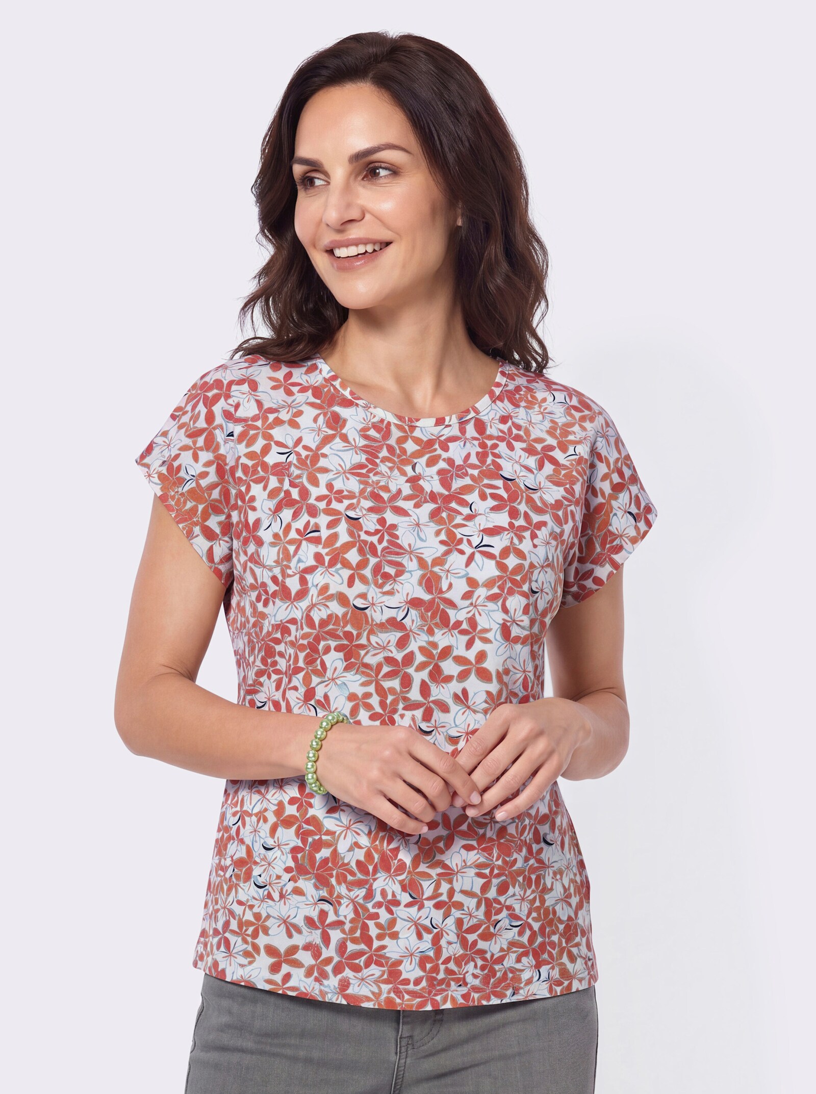 Rundhalsshirt mit überschnittenen Schultern - papaya-eucalyptus-bedruckt