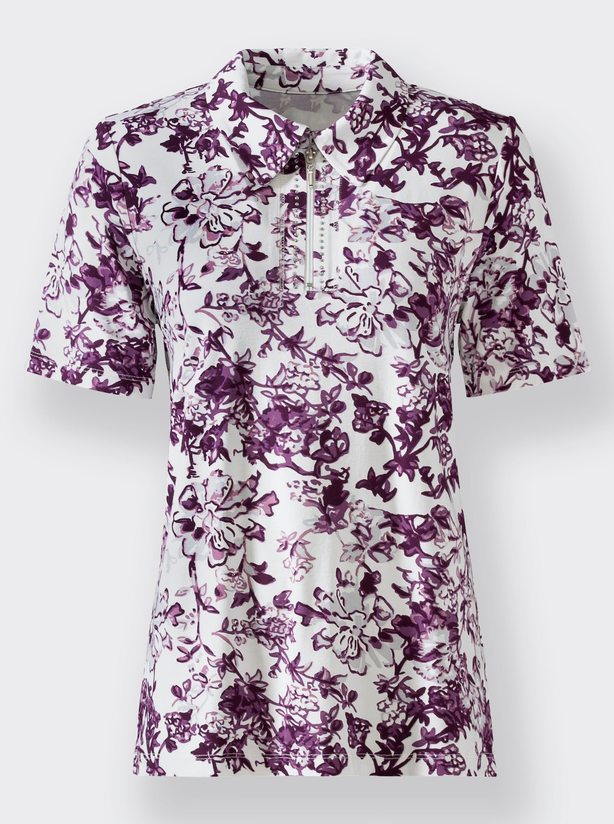 Kurzarmshirt - violett-weiss-bedruckt