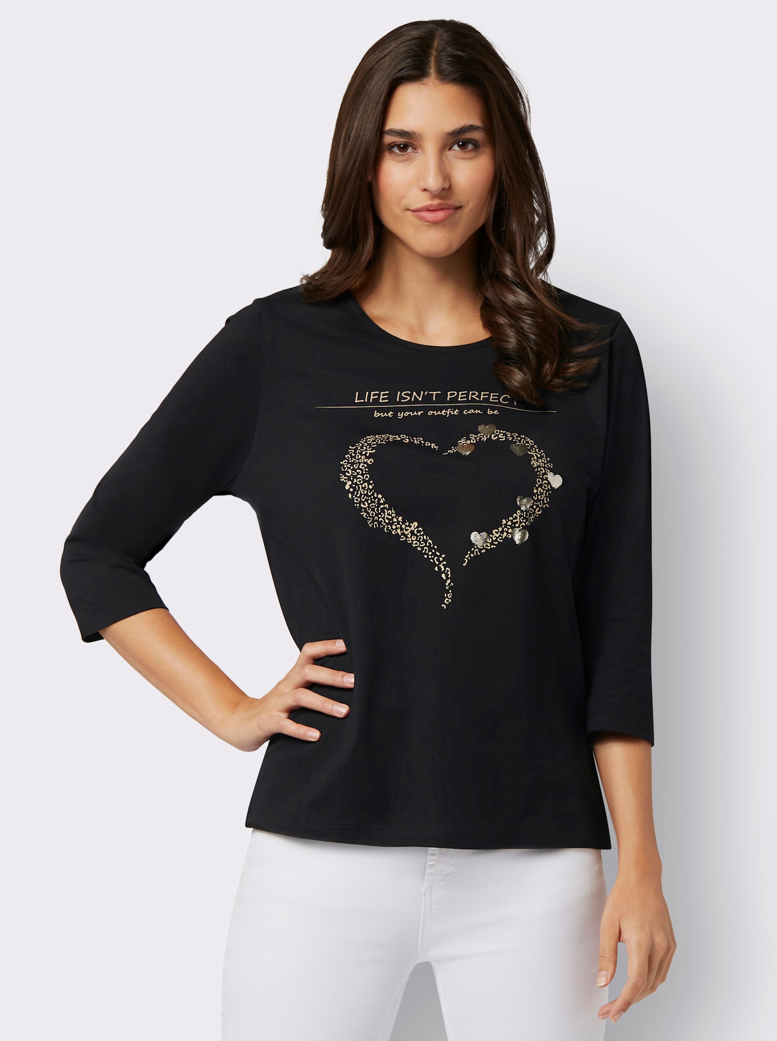 3/4-Arm-Shirt mit Herz-Motiv - schwarz-beige