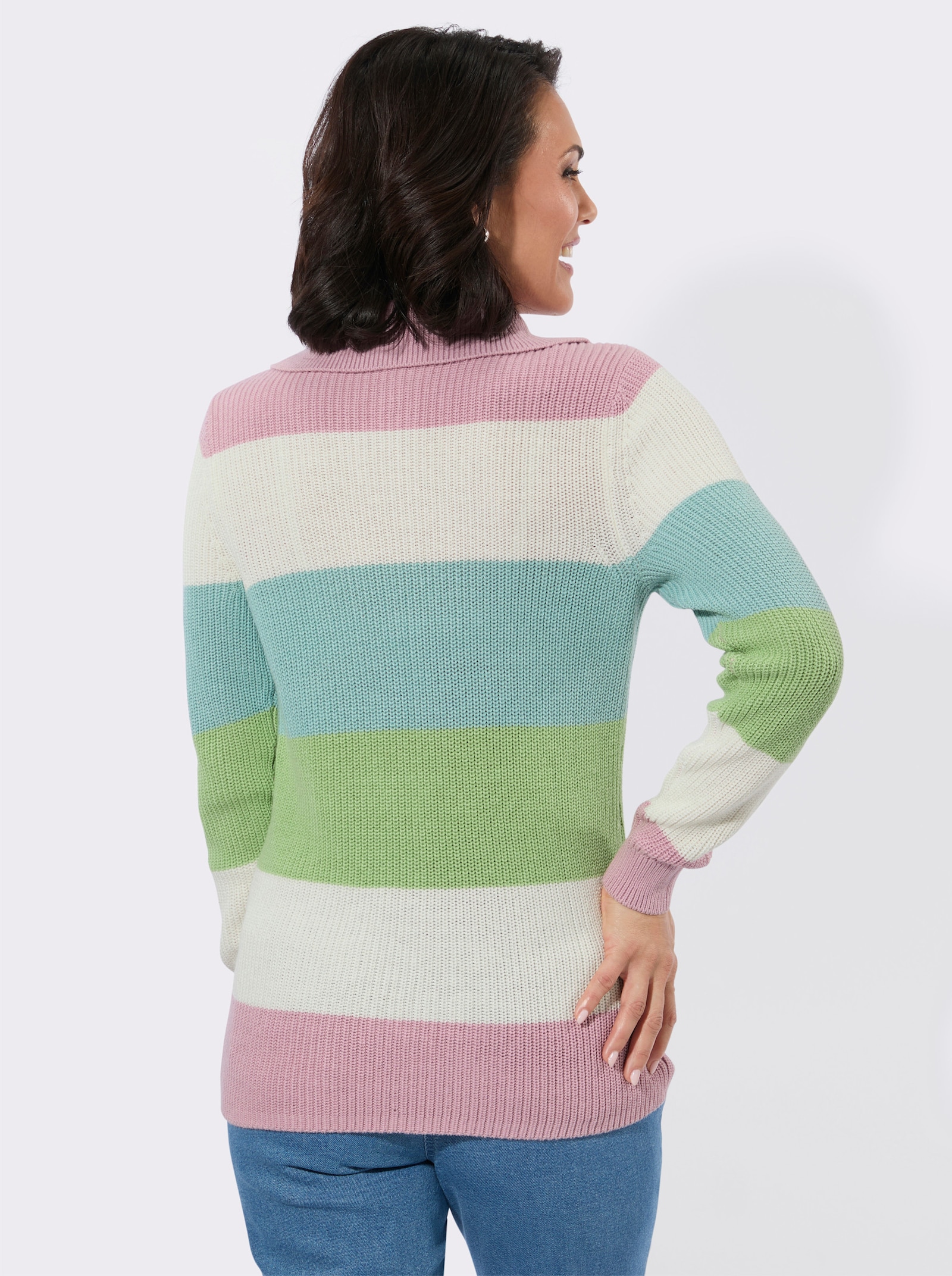 Rundhalspullover in Colour-Blocking-Optik - rosé-ecru-geringelt