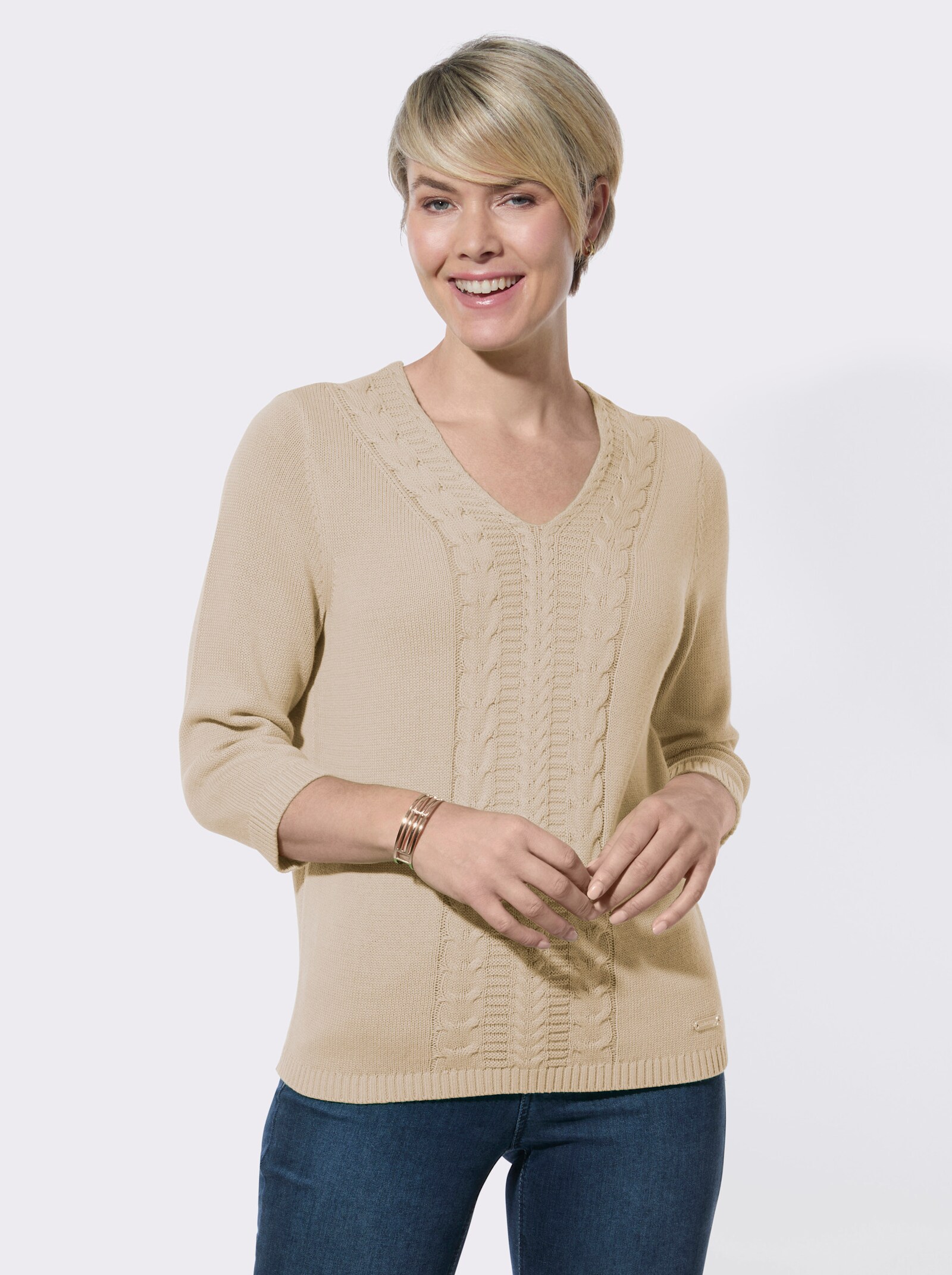 V-Ausschnitt-Pullover mit Rippbündchen - sand