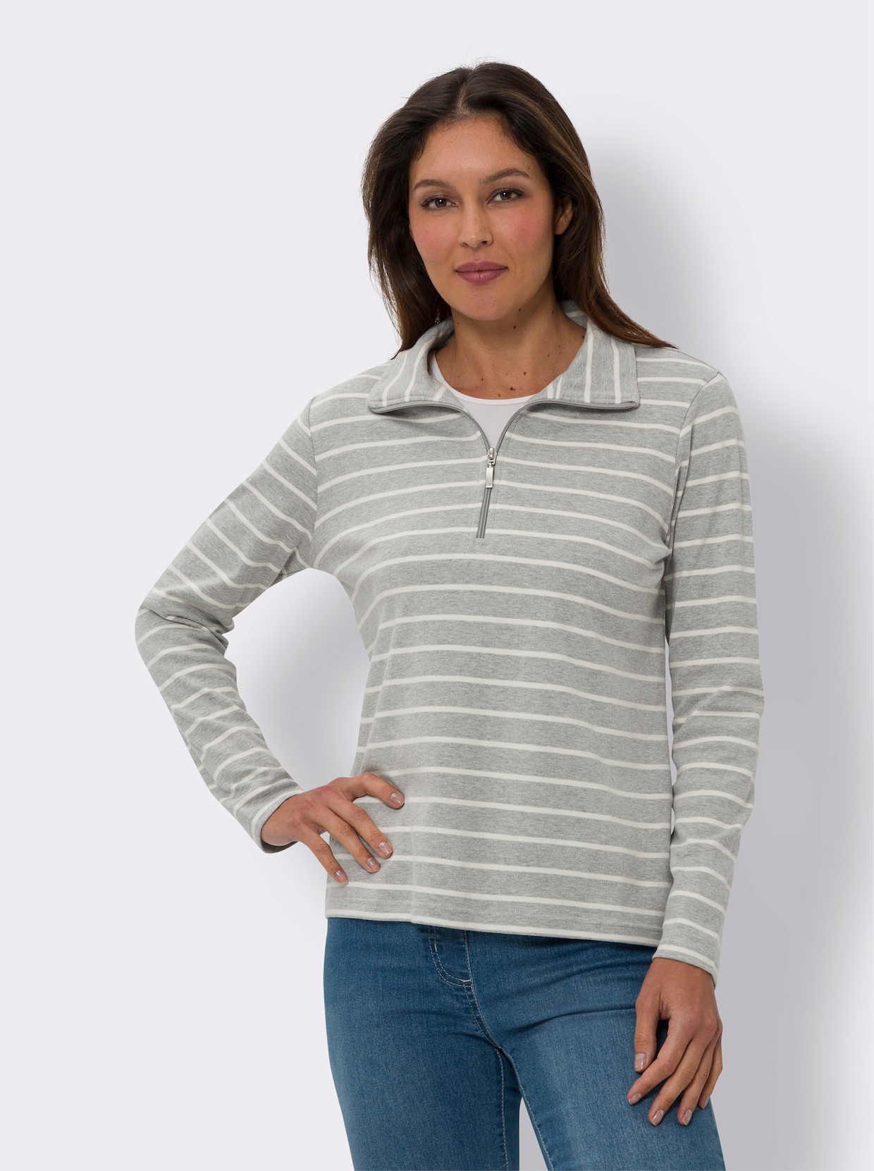 Sweatshirt - steingrau-ecru-geringelt