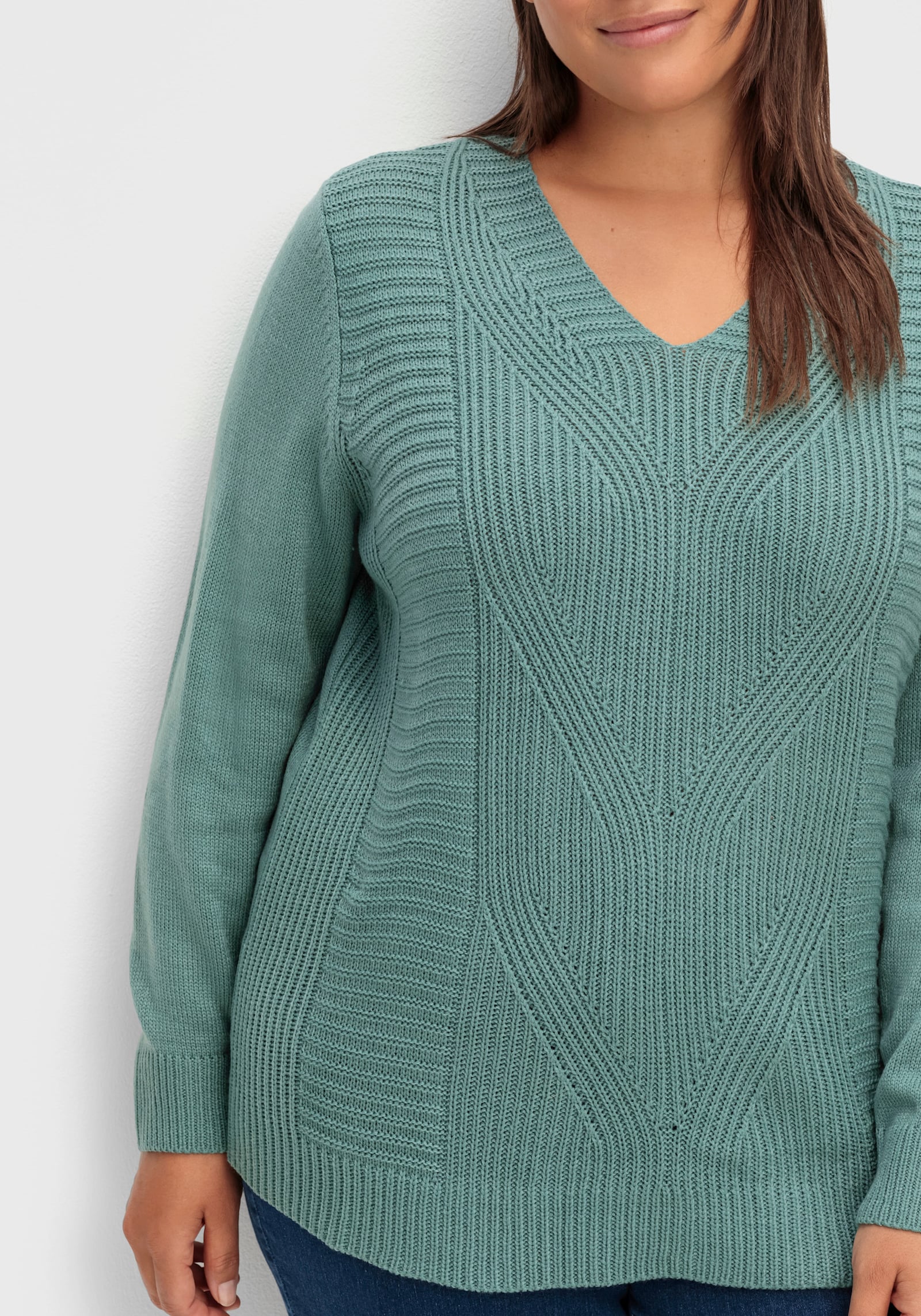 Langarm-Pullover mit Zopfmuster - jade