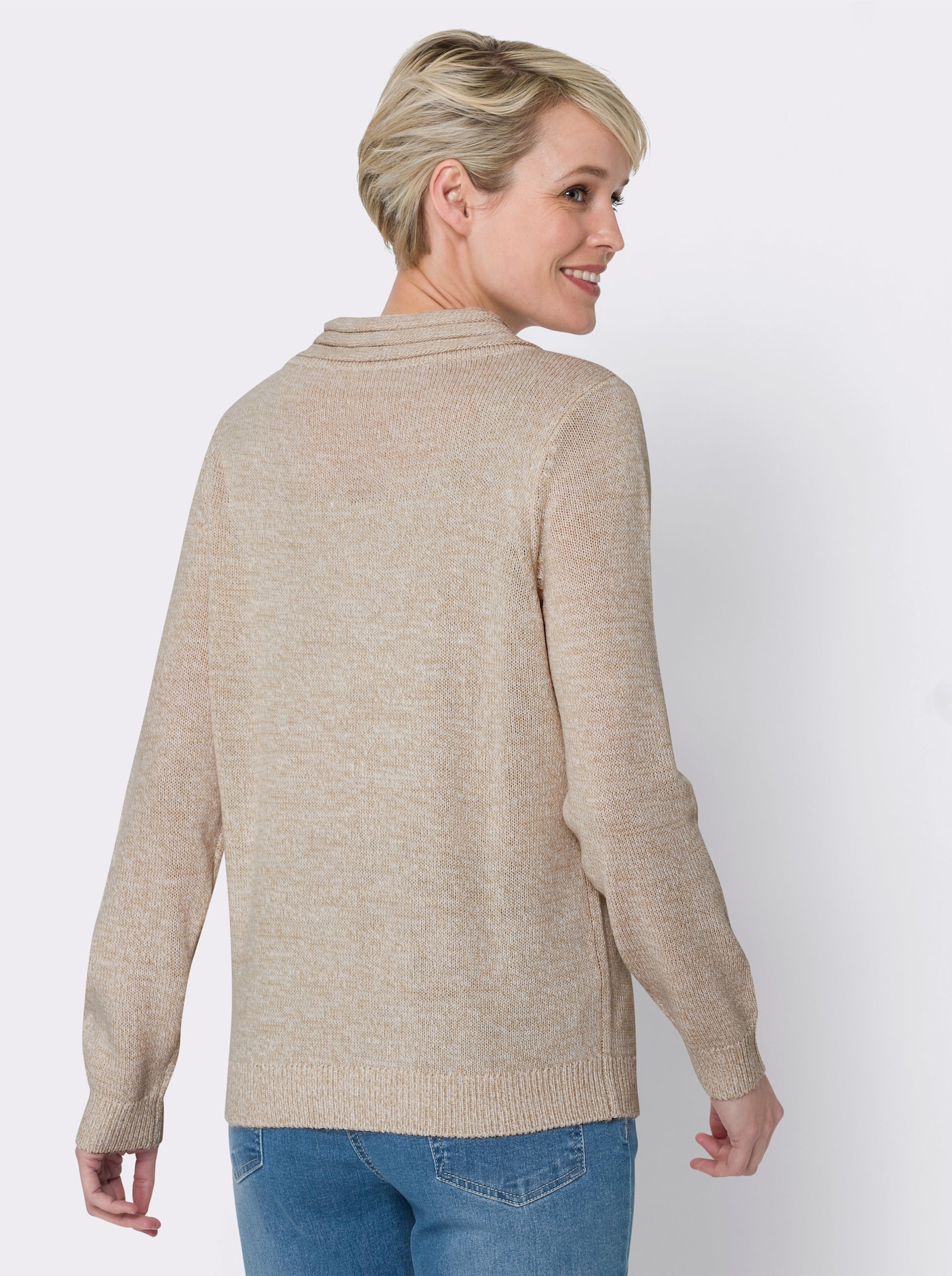 V-Ausschnitt-Pullover mit Rollkante - beige-meliert
