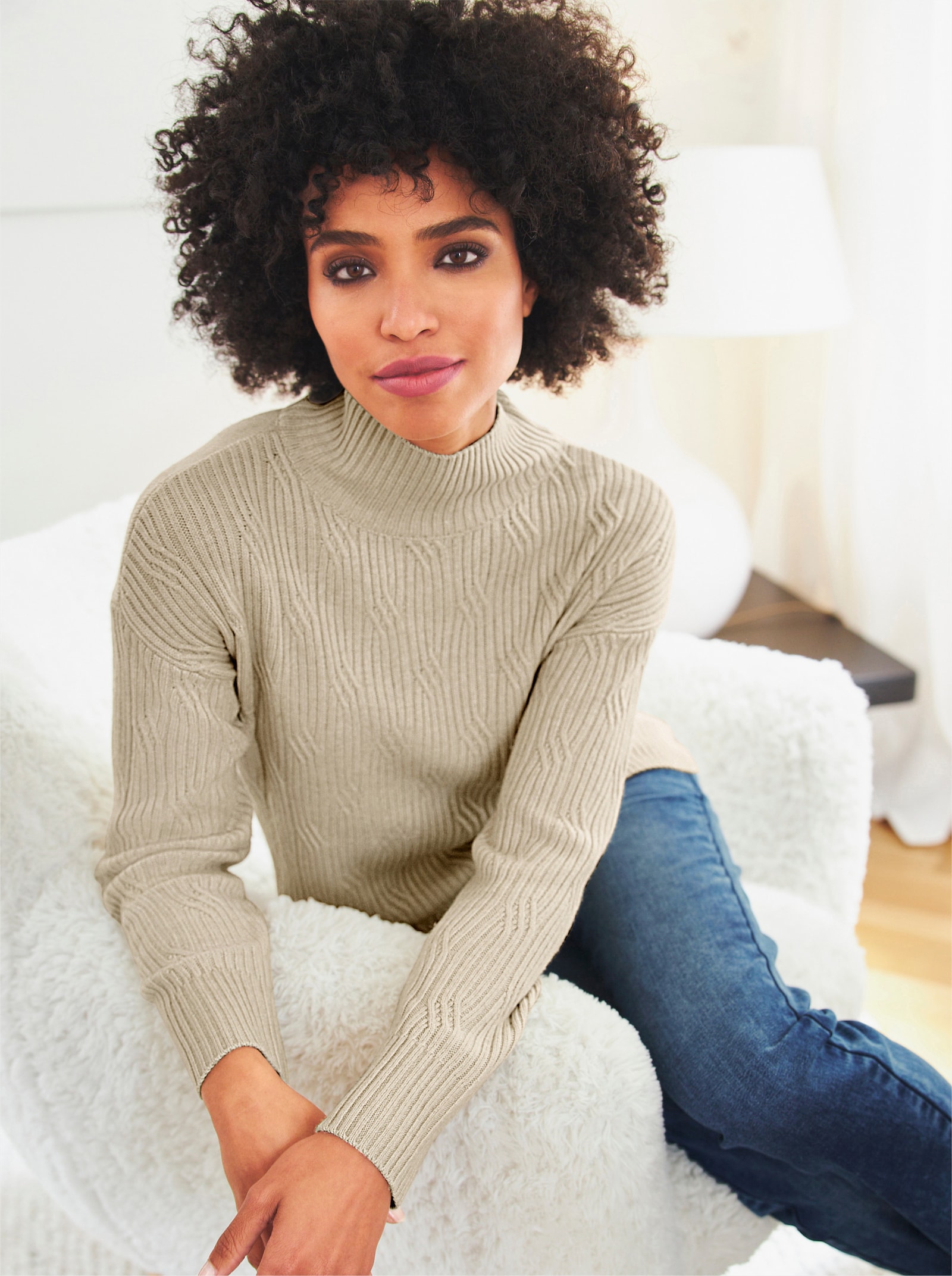 heine Stehkragenpullover mit 20% Kaschmir - sand-meliert