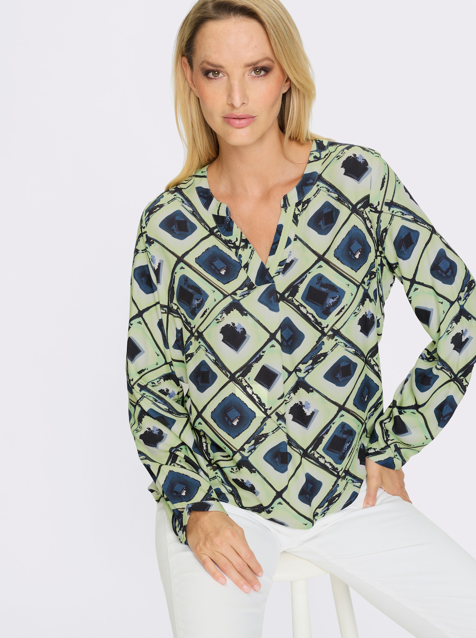 heine Druckbluse - dunkelblau-reseda-bedruckt