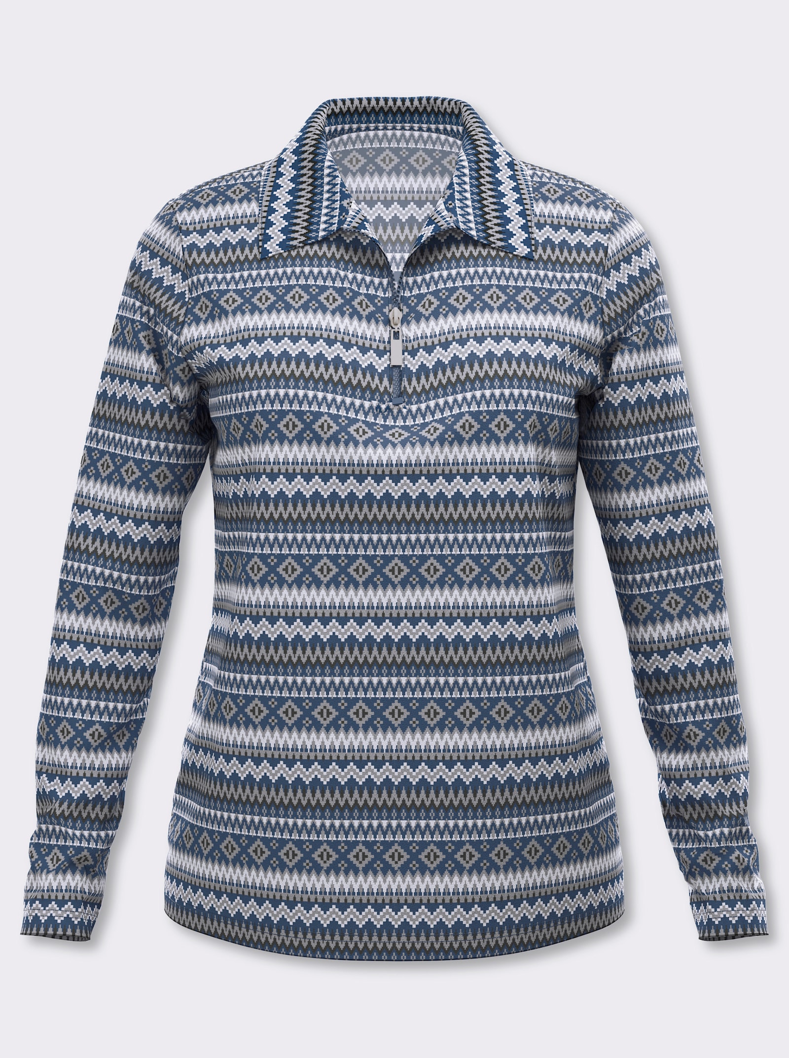 Langarmshirt mit Polokragen - jeansblau-ecru-bedruckt