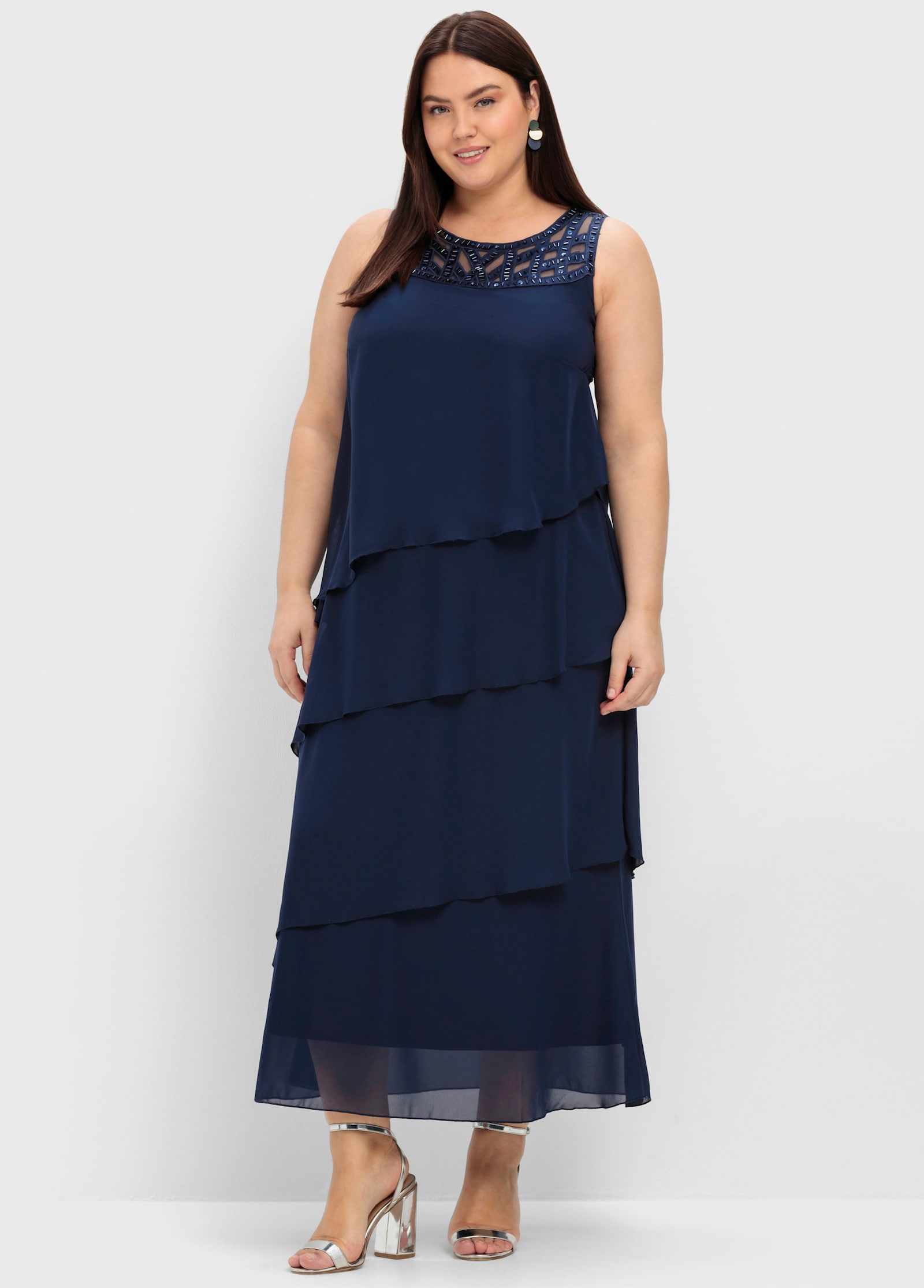 sheego Robe de soirée effet superposé, en mousseline - marine