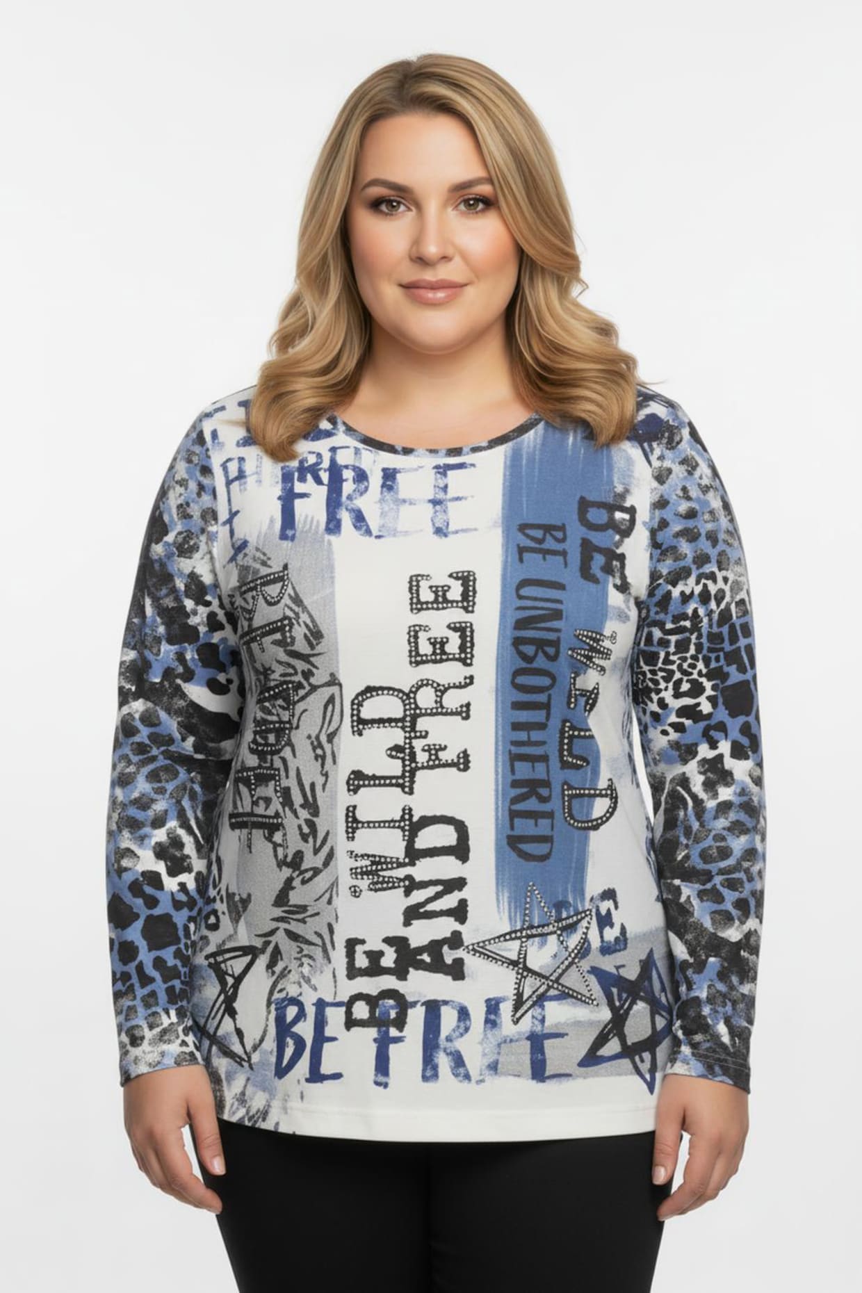 Print-Shirt mit Glitzersteinchen-Applikation - ecru-mittelblau-bedruckt