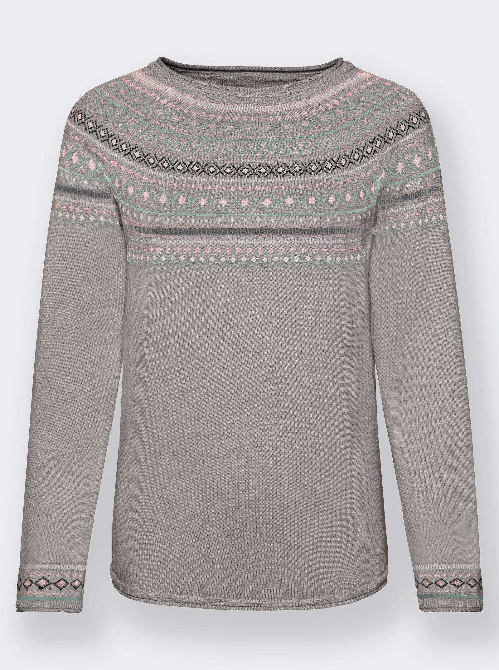 Norwegerpullover aus reiner Baumwolle - grau-meliert-gemustert