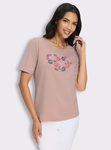 Kurzarmshirt mit Herz-Motiv aus Blüten - puder-fuchsia