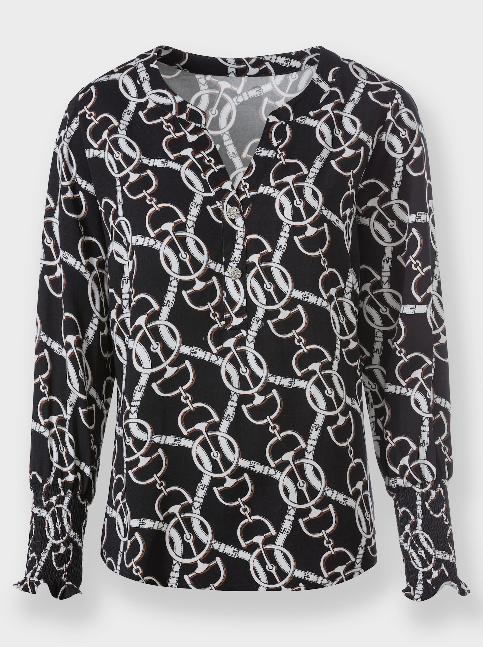 heine Blouse met lange mouwen en gesmokte manchetten - zwart/ecru geprint