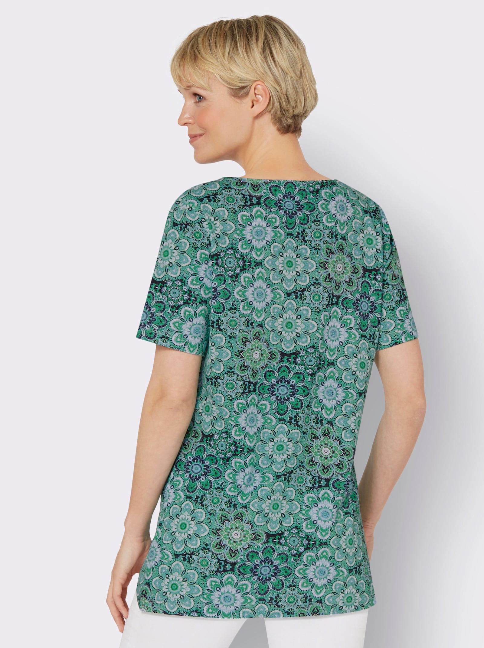 Lang shirt met vierkante hals - aqua/grasgroen bedrukt