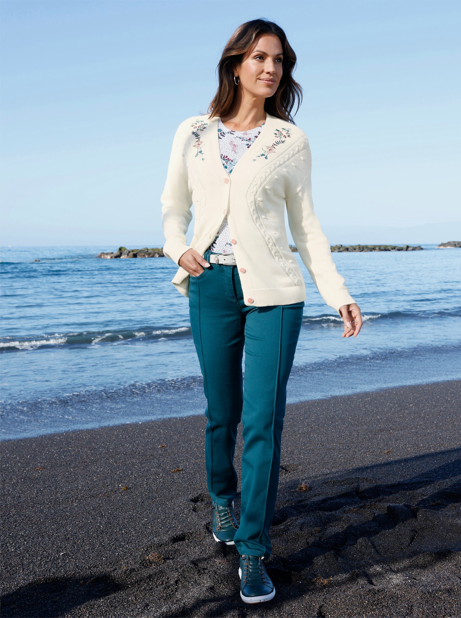 Strickjacke mit Ajour-Strick - champagner-burgund-gemustert