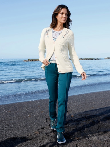 Strickjacke mit Ajour-Strick - champagner-burgund-gemustert