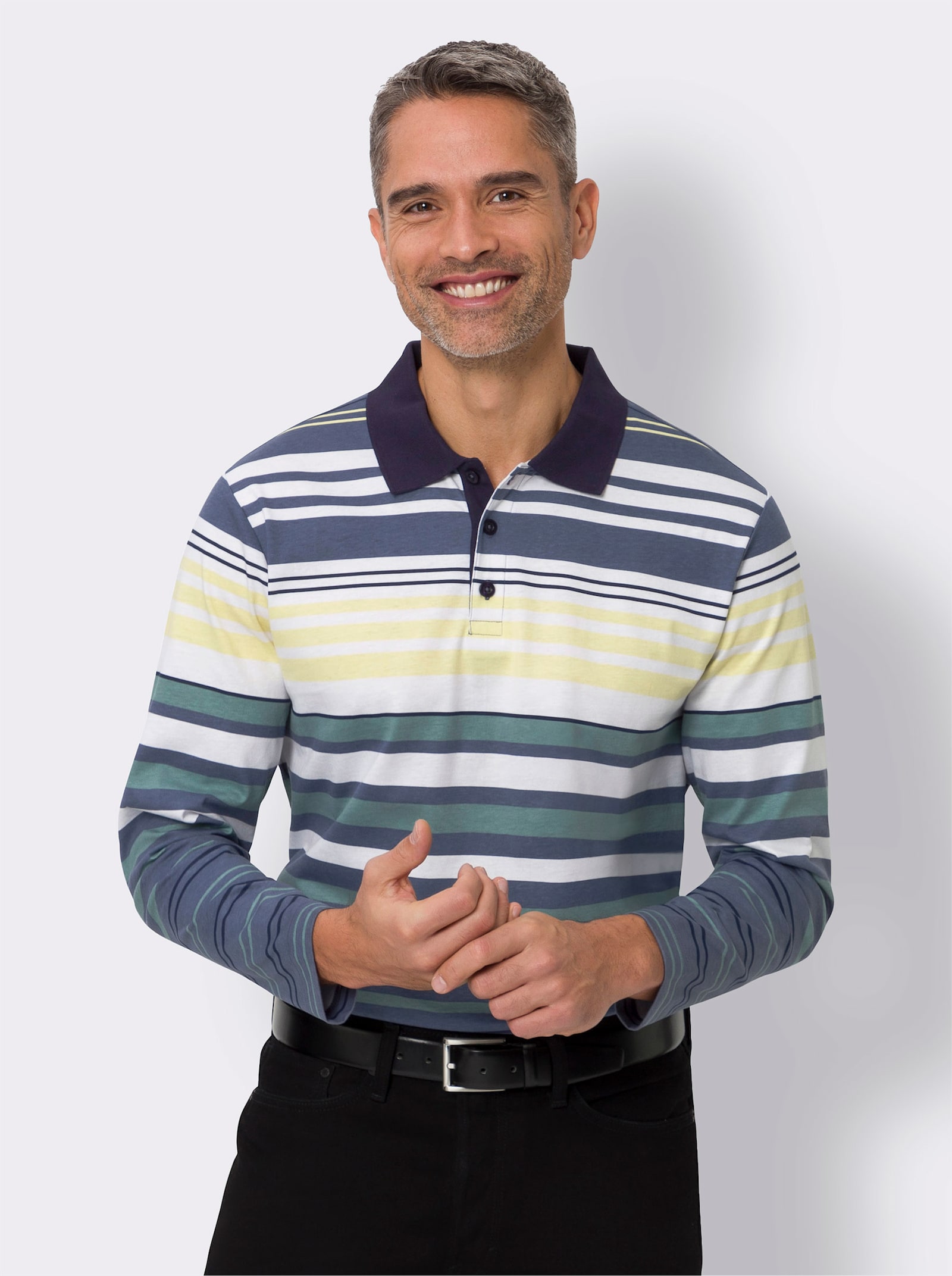 Poloshirt met lange mouwen van katoen, gestreept - citroen/jade gestreept