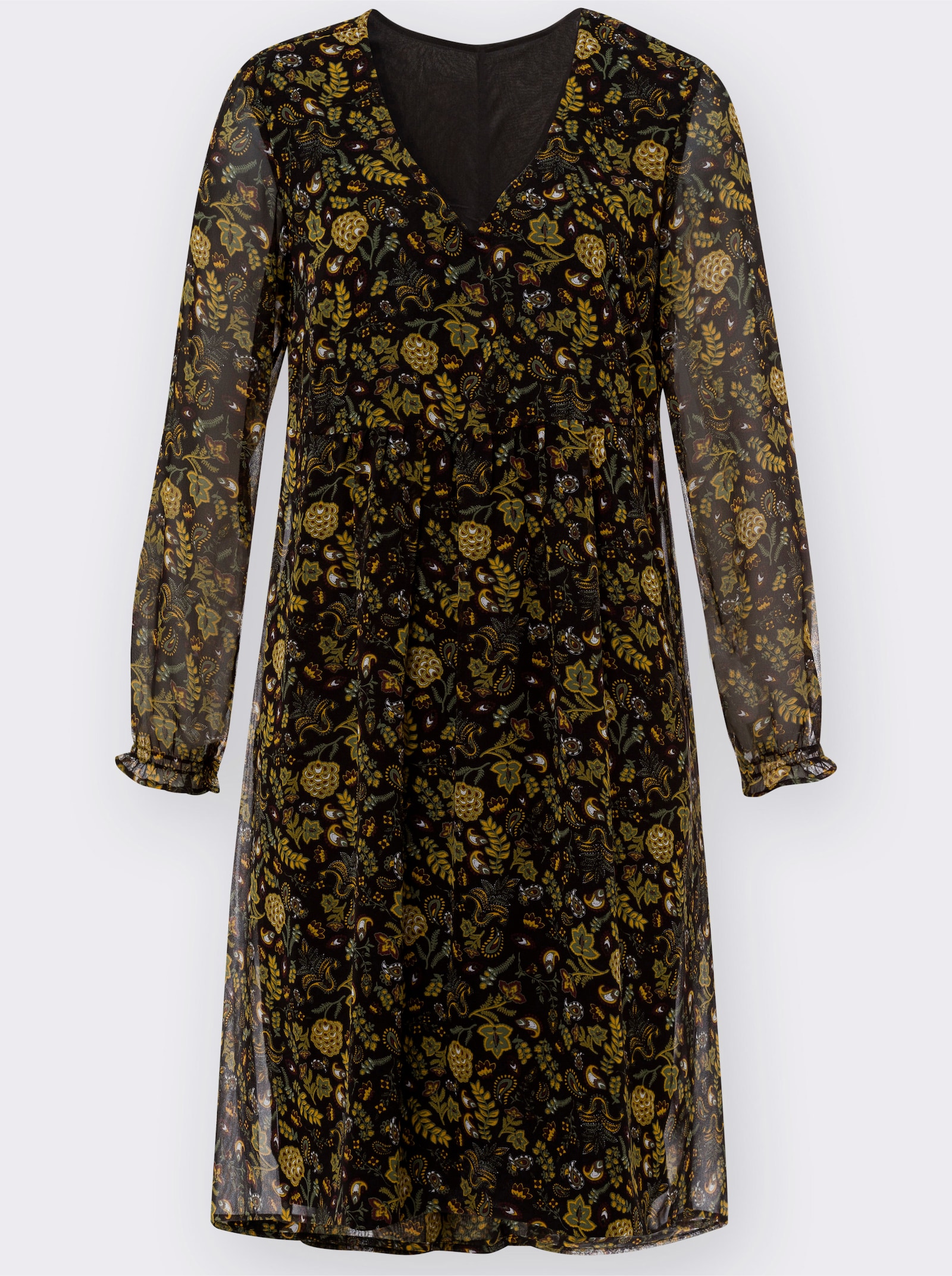 A-Linien-Kleid mit Raffungen vorne - schwarz-ocker