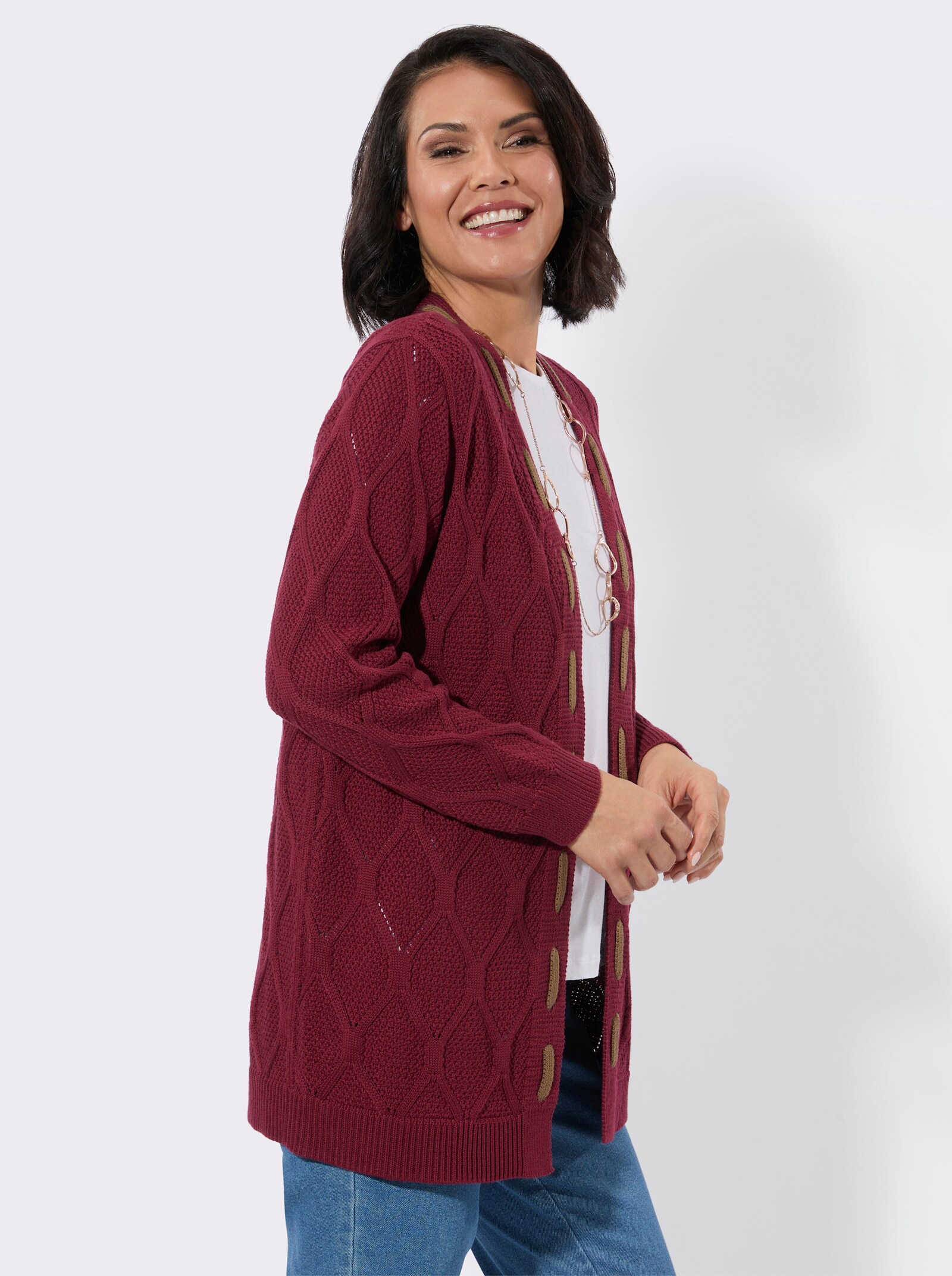 Longstrickjacke mit kontrastfarbigen Details - dunkelrot