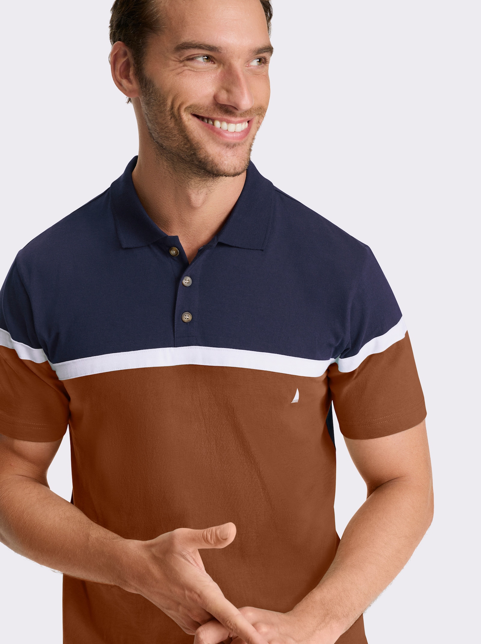 Catamaran Kurzarmshirt aus Baumwolle. Colour Blocking - marine-cognac