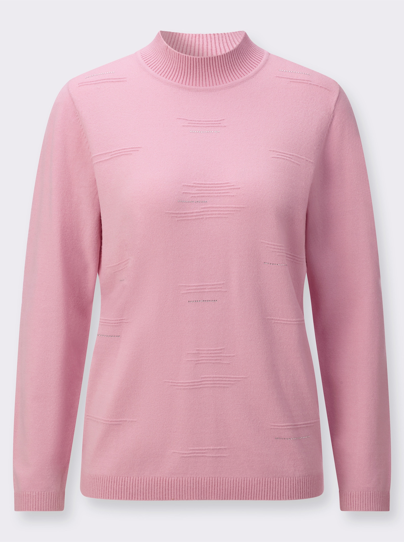 Stehkragenpullover mit Rippmuster und Glitzersteinchen - rosé